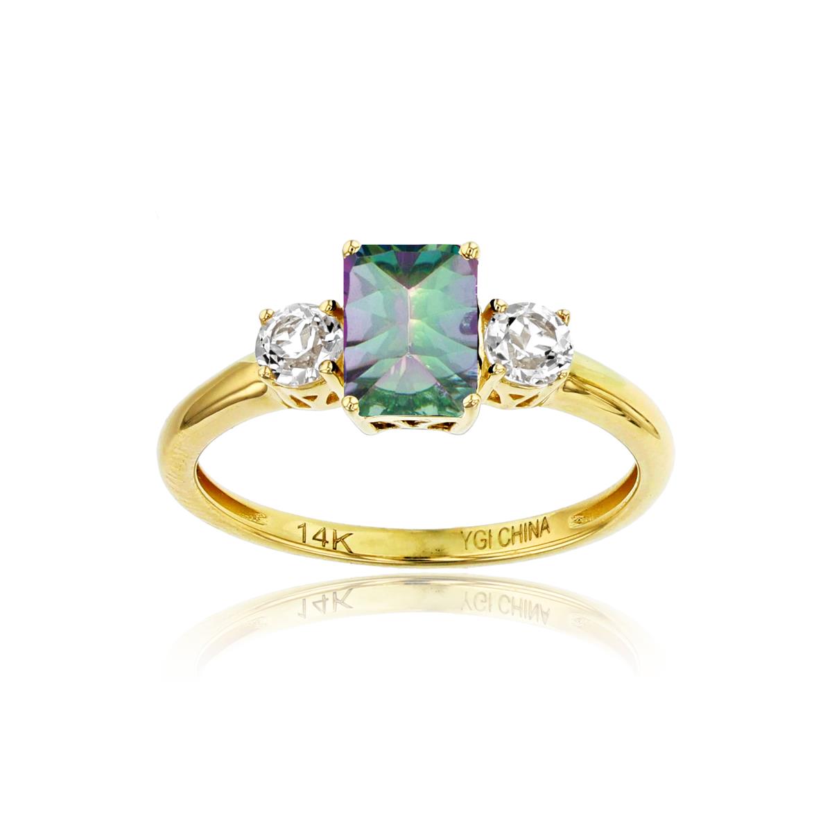 10K Yellow Gold 7x5mm Oct Mystic Green & 3.5mm Rnd White Topaz on Sides Ring