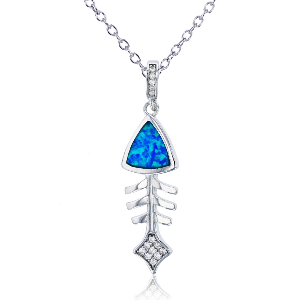Sterling Silver Rhodium Created Blue Opal & White CZ Fishbone 18"+2" Necklace