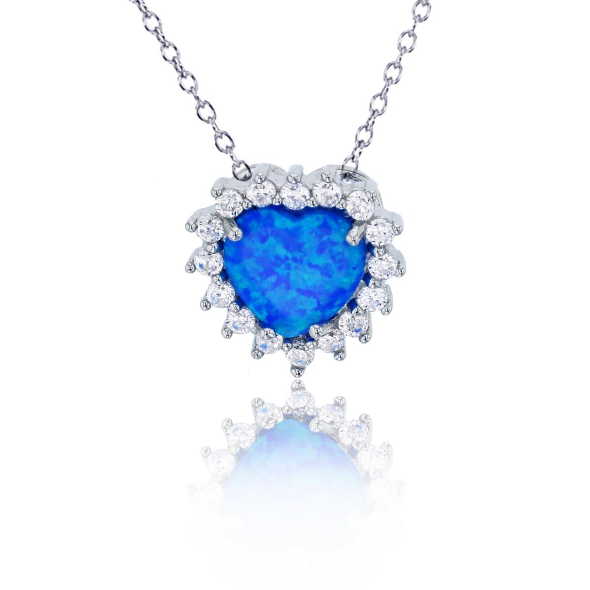 Sterling Silver Rhodium Created Blue Opal Heart with White CZ Halo 18"+2" Necklace