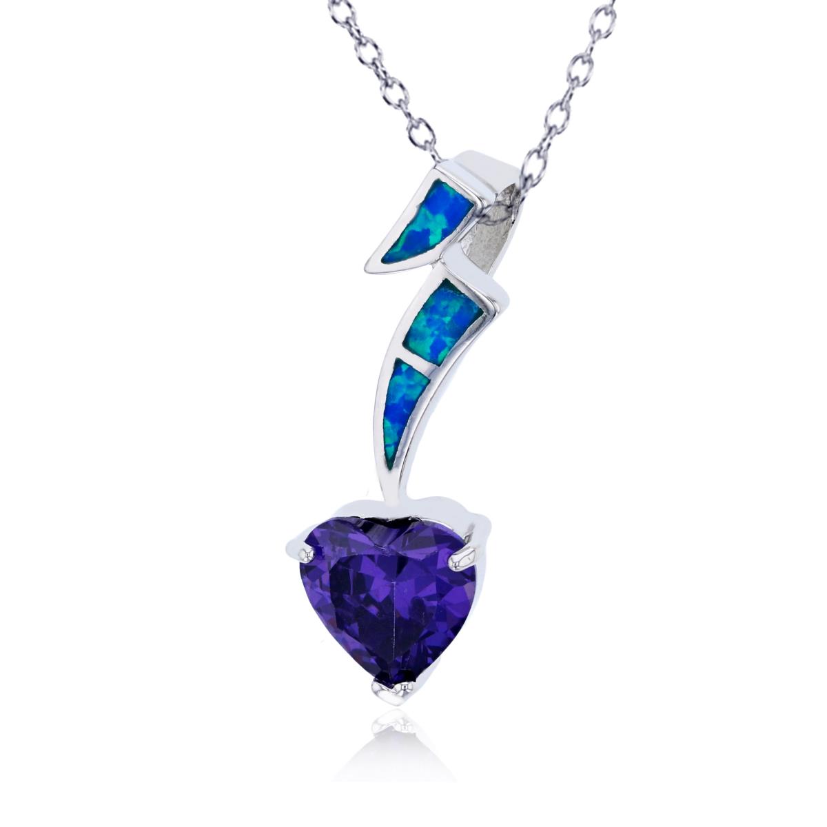 Sterling Silver Rhodium Created Blue Opal & Heart Amethyst CZ 18"+2" Necklace