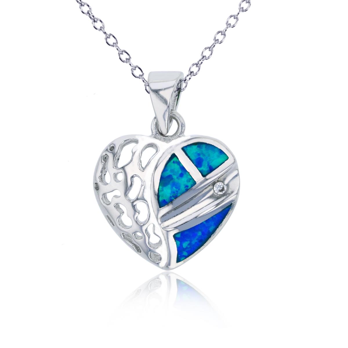 Sterling Silver Rhodium Created Blue Opal Half Polished Heart 18"+2" Necklace