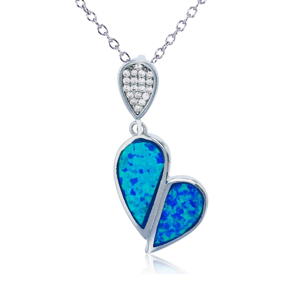 Sterling Silver Rhodium Created Blue Opal & White CZ Split Heart 18"+2" Necklace