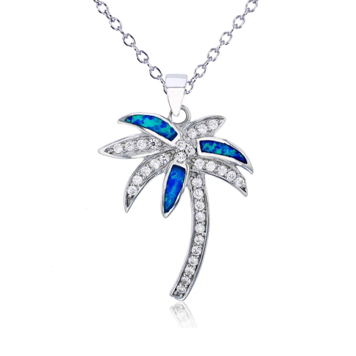 Sterling Silver Rhodium Created Blue Opal & White CZ Palm Tree 18"+2" Necklace