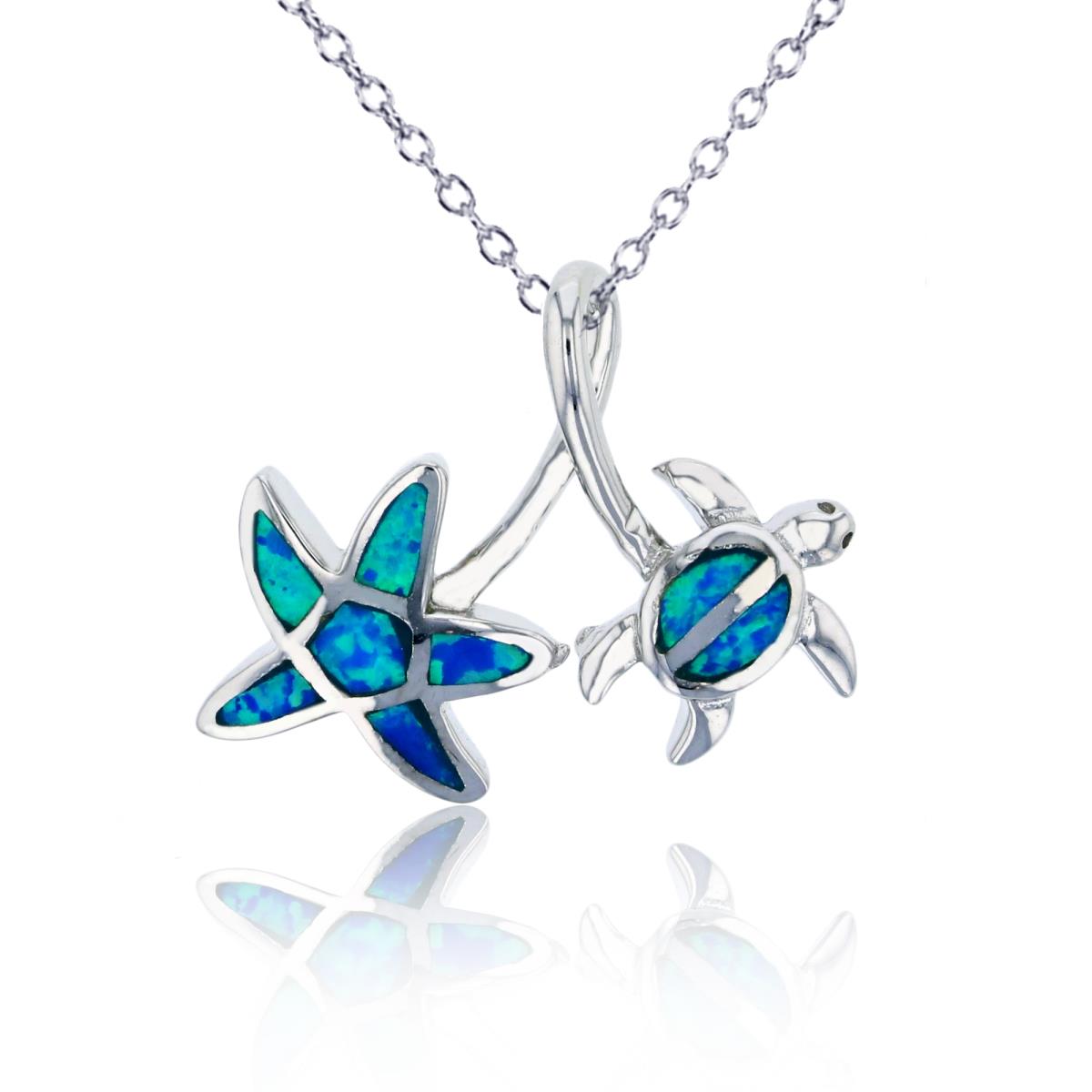 Sterling Silver Rhodium Created Blue Opal Starfish & Turtle 18"+2" Necklace