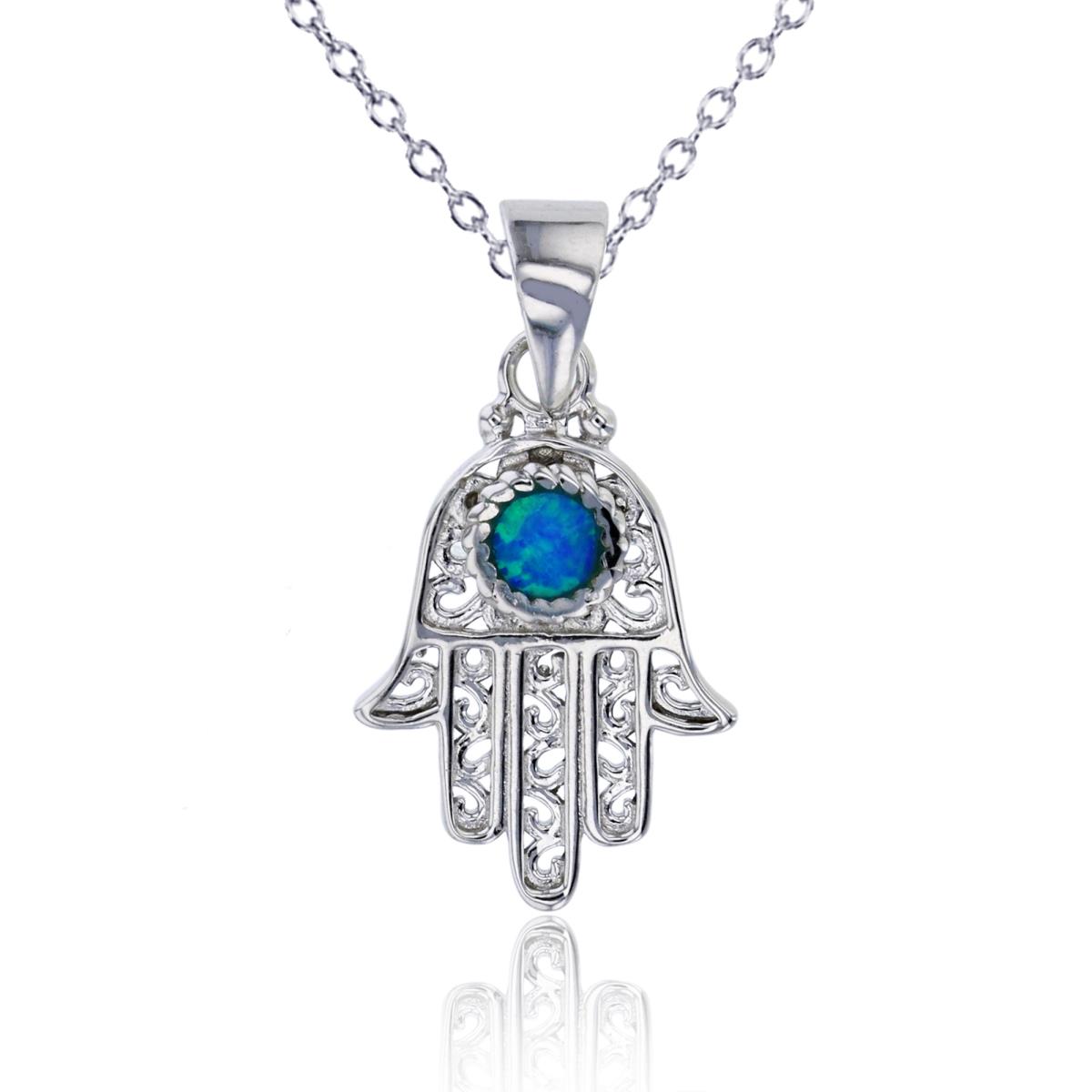 Sterling Silver Rhodium Created Blue Opal Fligree Hamsa 18"+2" Necklace