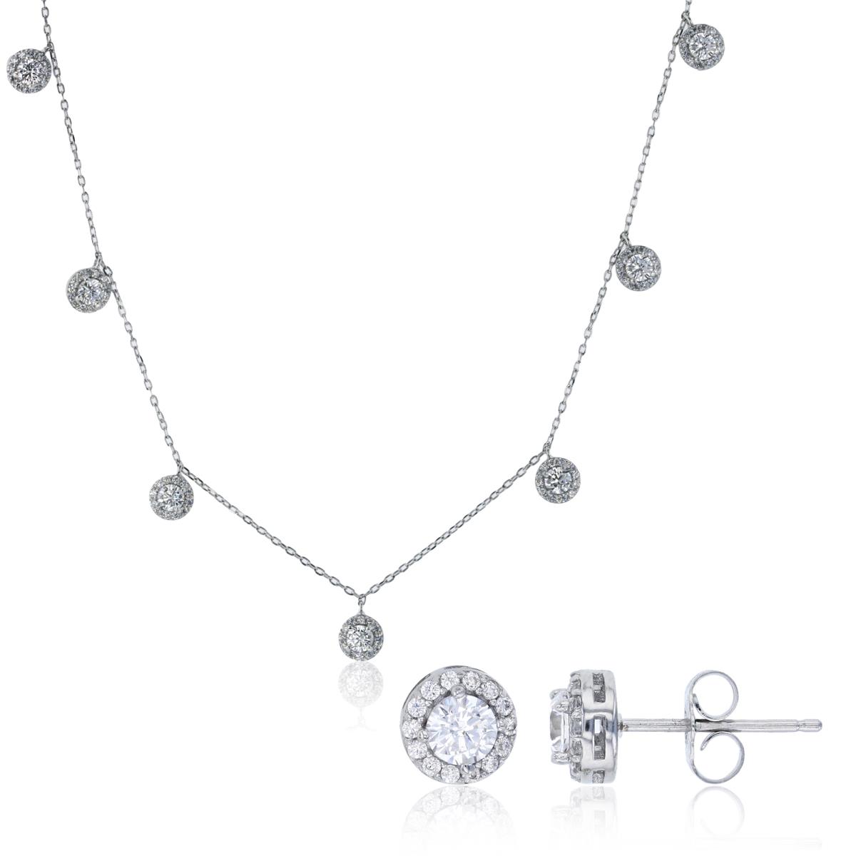 Sterling Silver Rhodium Rnd White CZ Halo Circles Station 16"+2" Necklace & 4mm Rd Halo Stud Earring  Set