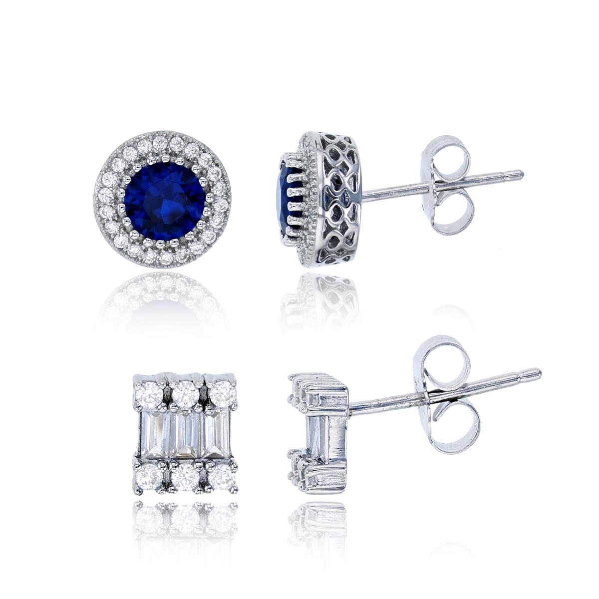 Sterling Silver Rhodium 5.5mm Sapphire Rd Halo & Rd/Baguette CZ Square Stud Earring Set