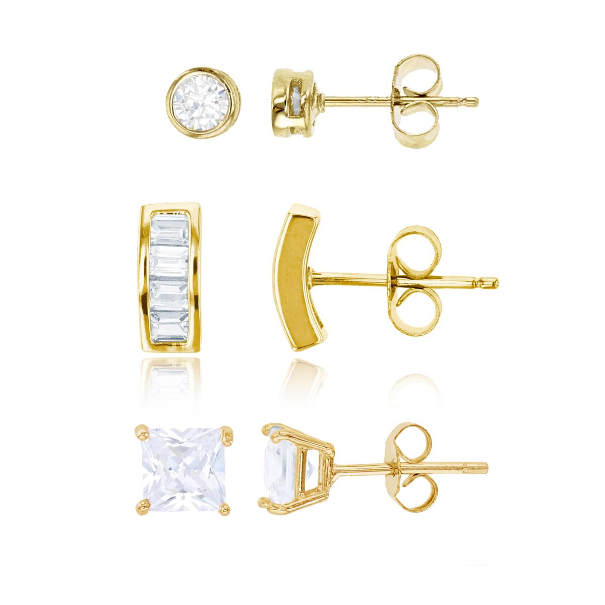 Sterling Silver Yellow Pave Baguette CZ, 4mm Rd Bezel & 5mm Square Solitaire Stud Earring Set