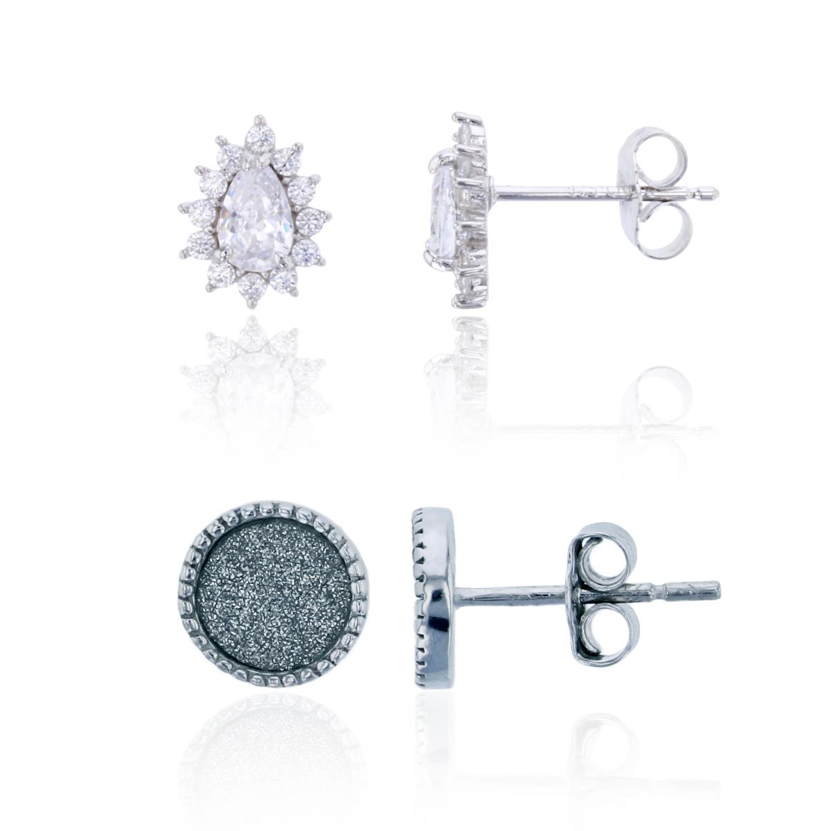 Sterling Silver Rhodium 7mm Milgraine Round Glitter & 6x4mm Pear Pave Stud Earring Set