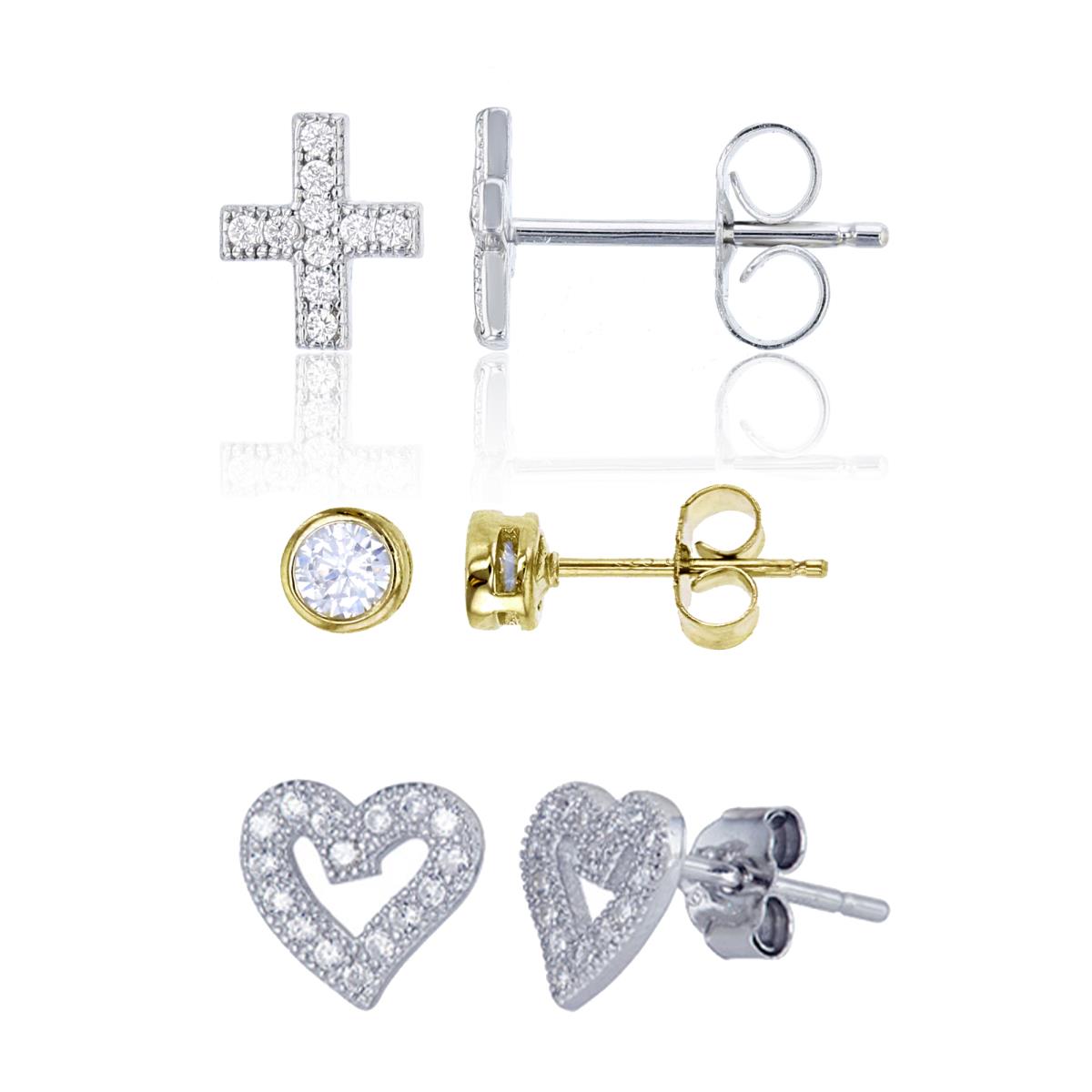 Sterling Silver Micorpave Petite Cross, Petite Heart Stud &  4mm Rd YG Plate Bezel Earring Set