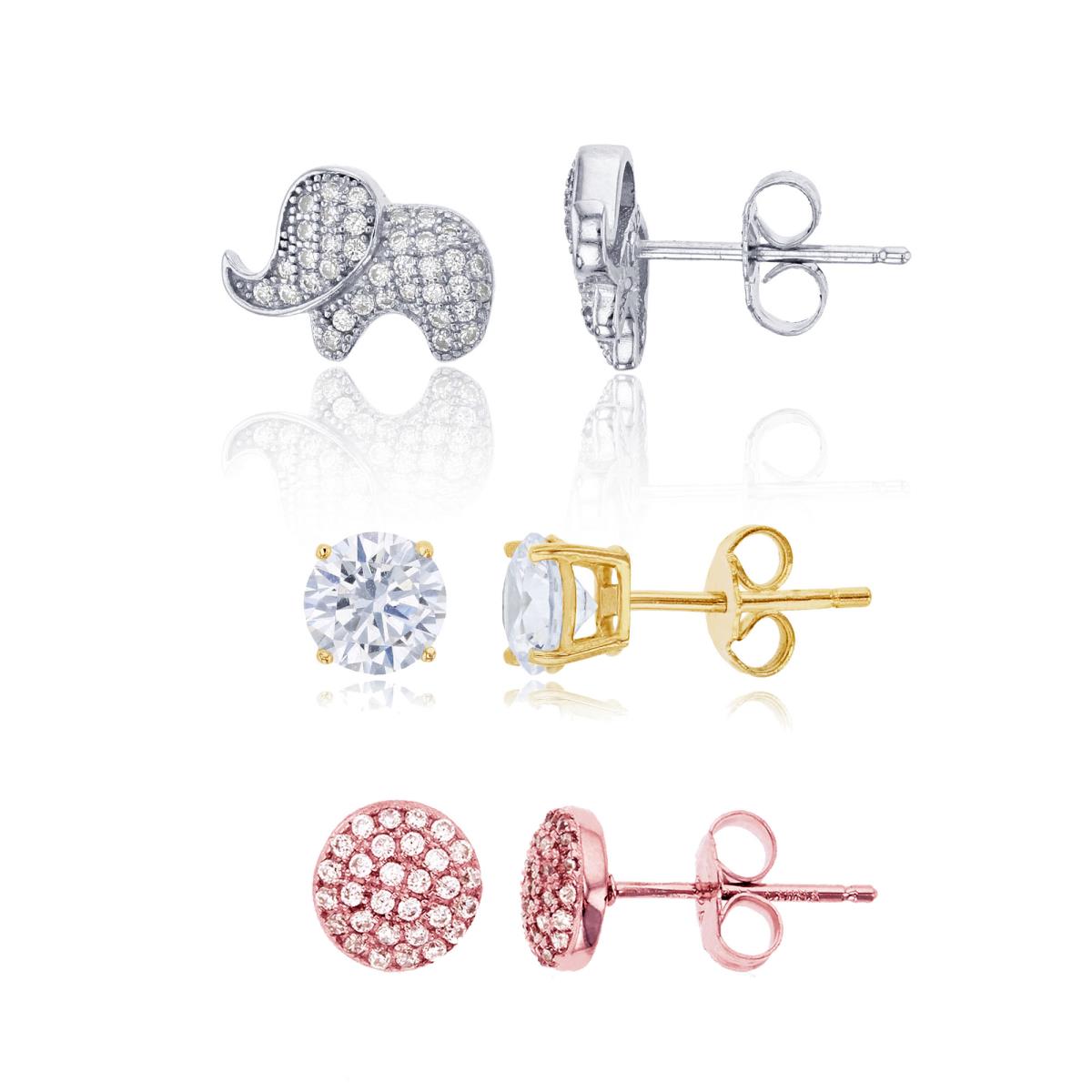 Sterling Silver Rose Paved Circle, Yellow 6mm Rd Solitaire & Rhodium Elephant Stud Earring Set