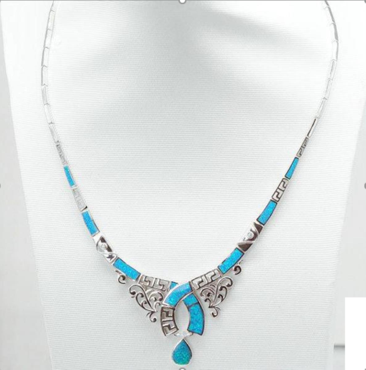 Sterling Silver Rhodium Created Blue Opal Filigree 18" Necklace