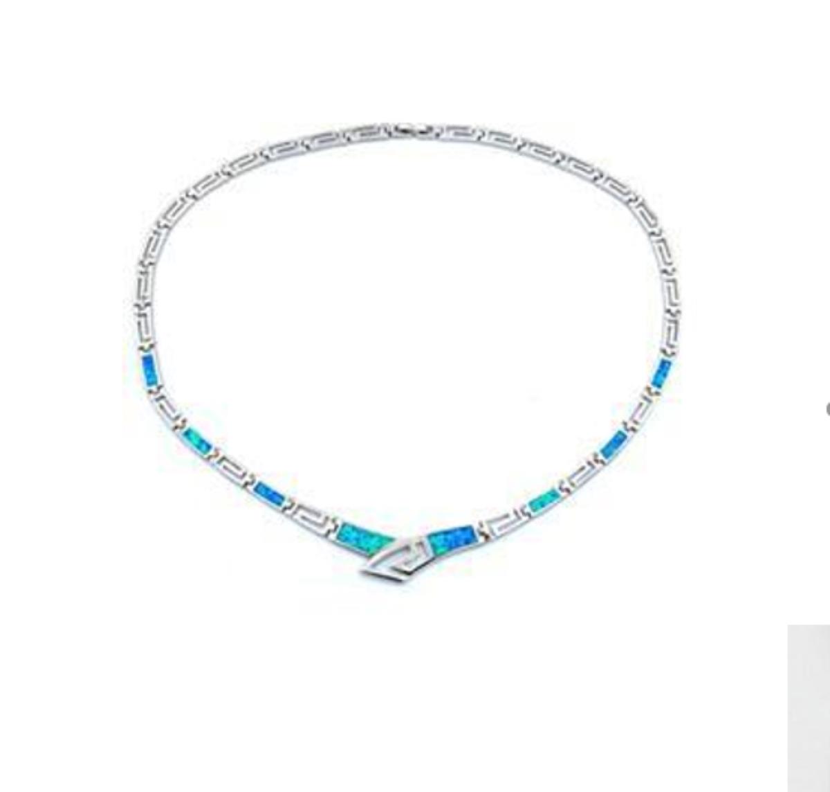 Sterling Silver Rhodium Created Blue Opal Greek Key Grad 18" Necklace