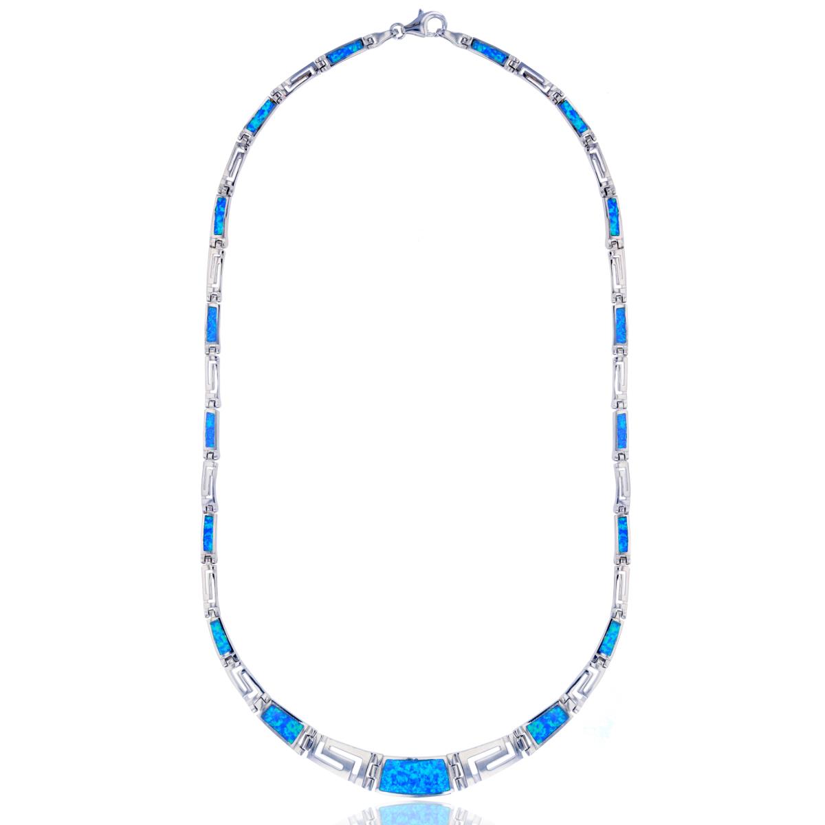 Sterling Silver Rhodium 9.5mm Graduated Greek Key & Cr Blue Opal 18" Necklace