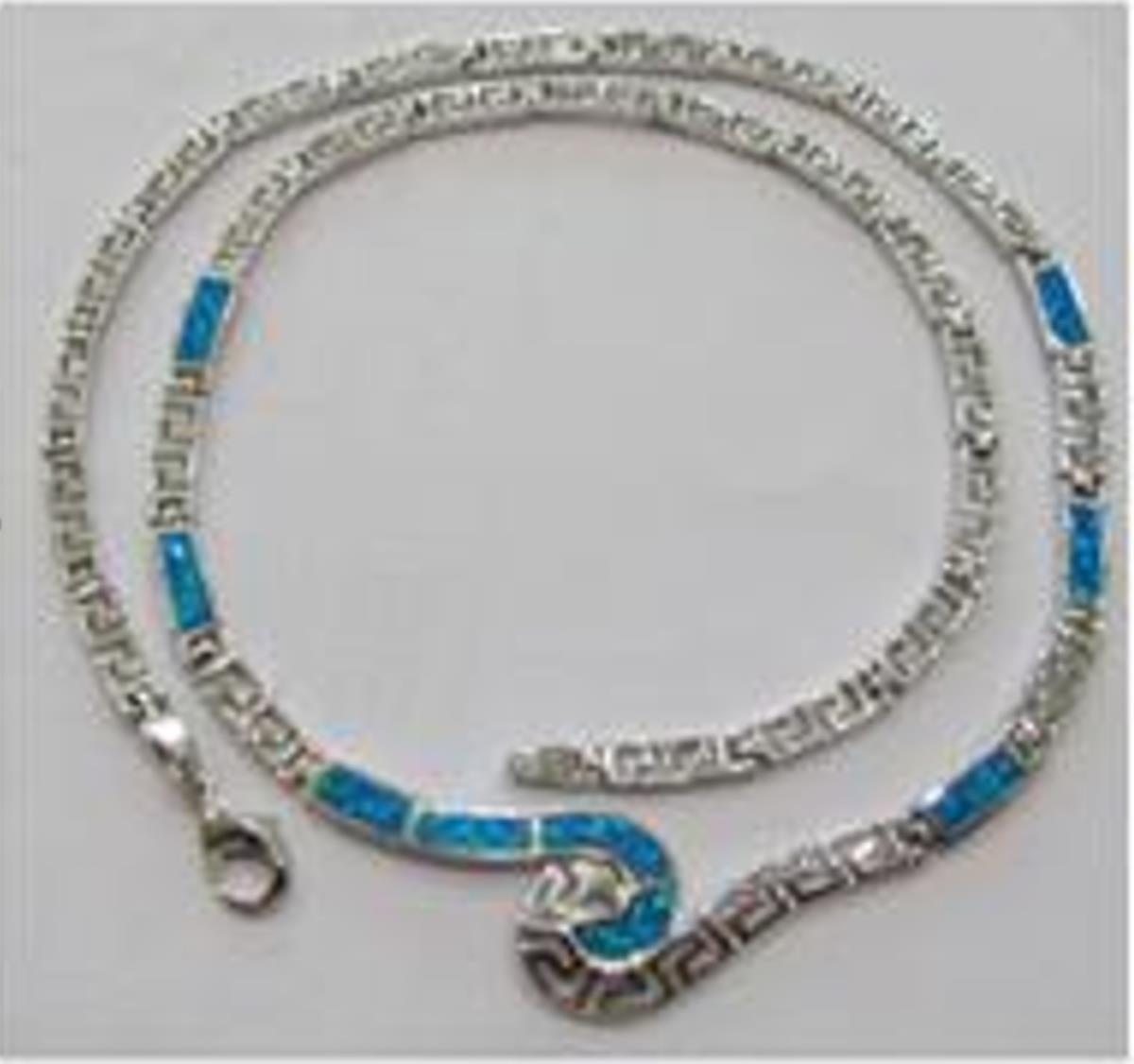 Sterling Silver Rhodium Swirl Created Blue Opal & Greek Key 18" Necklace