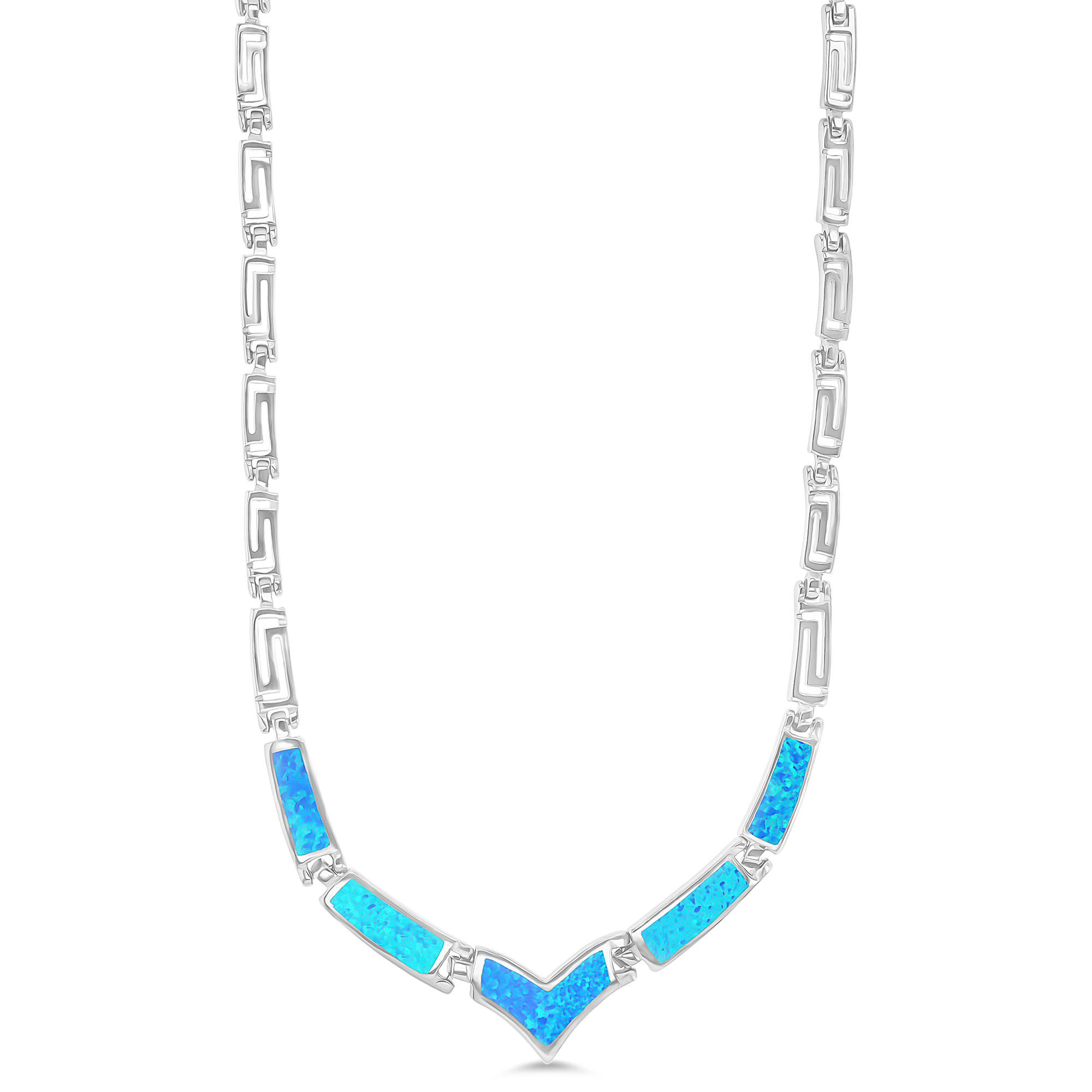 Sterling Silver Rhodium 8mm Created Blue Opal "V" Shaped 18" Necklace