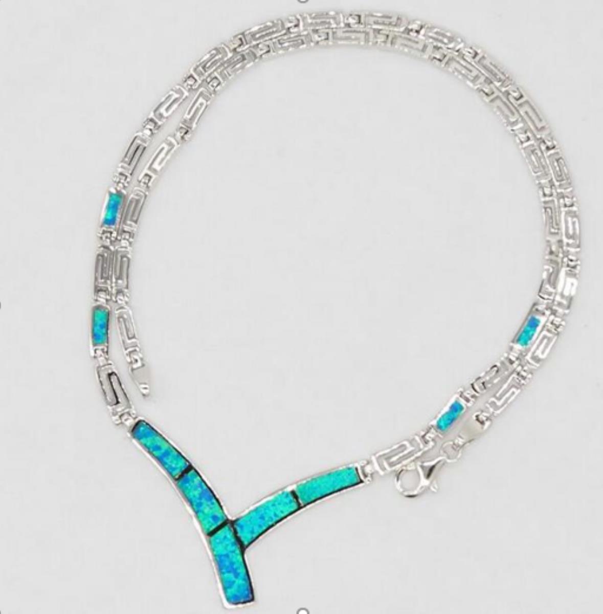 Sterling Silver Rhodium "V" Shaped Created Blue Opal Greek Key 18" Necklace