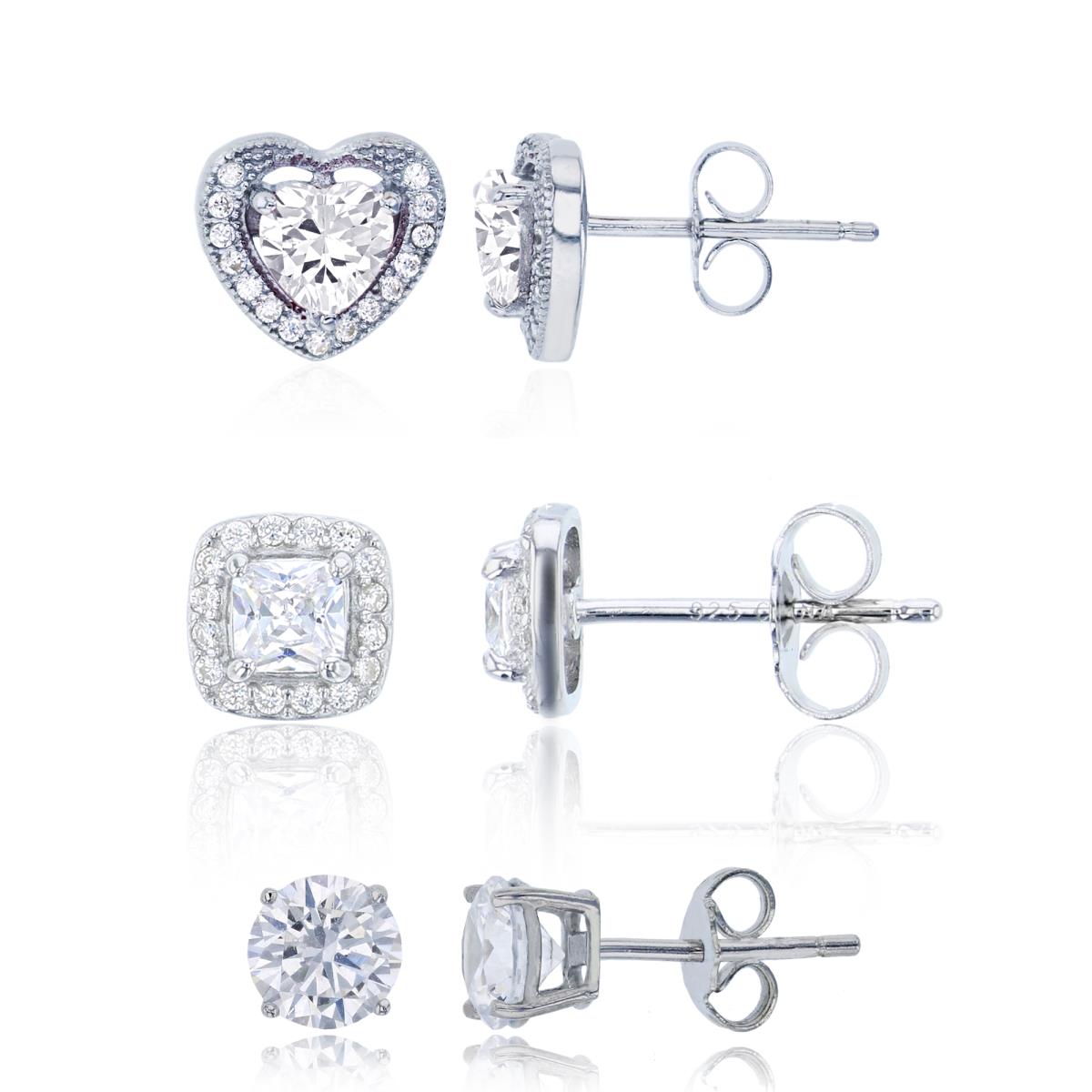 Sterling Silver Rhodium Heart Halo, Square Halo & 6mm Round Solitaire Stud Earring Set