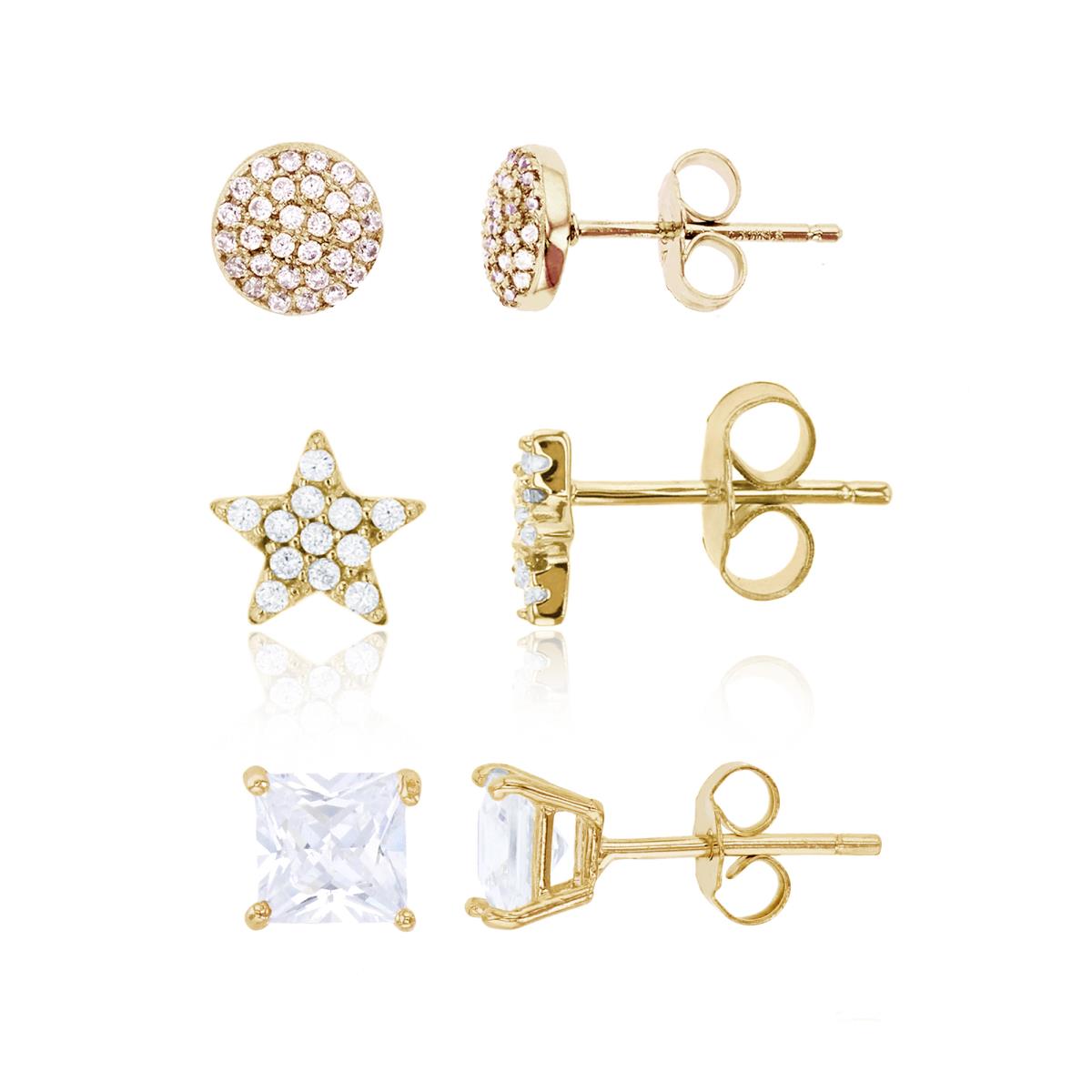 Sterling Silver Yellow Pave Circle, 6x6mm Star & 5x5mm Square Solitaire Stud Earring Set