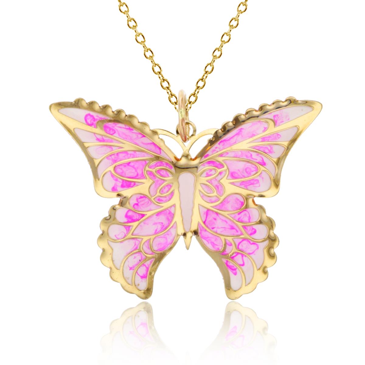 14K Yellow Gold Pink Ombre 30x23mm  Enamel Butterfly 18" 020 Rolo Chain Necklace