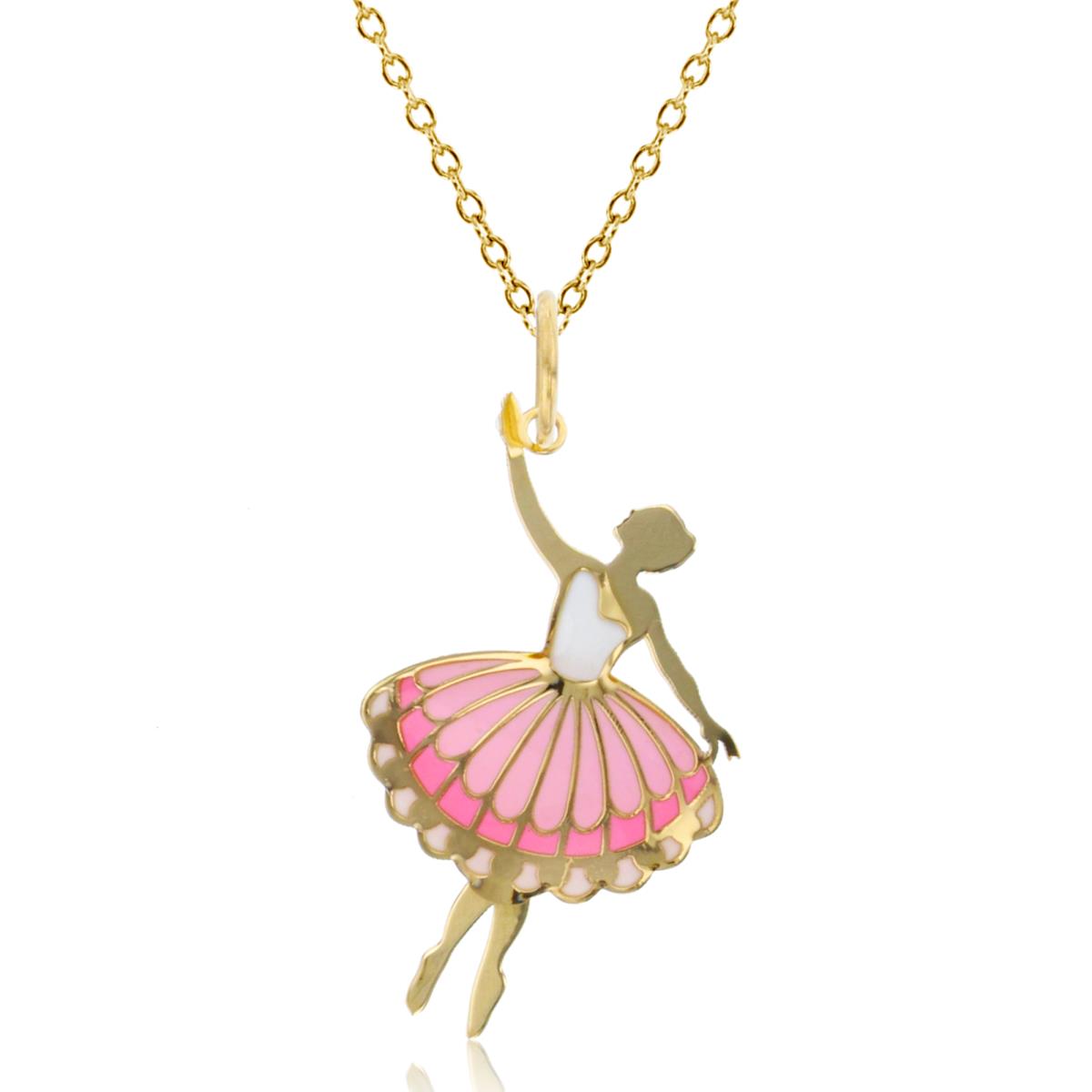 14K Yellow Gold White & Pink Enamel 29x15mm  Ballerina 18" 020 Rolo Chain Necklace