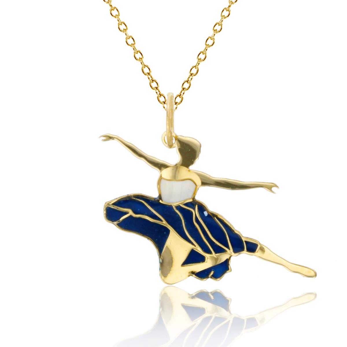 14K Yellow Gold White & Blue Enamel 25x23mm Jumping Ballerina 18" 020 Rolo Chain Necklace