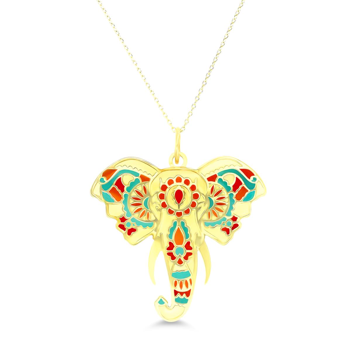 14K Yellow Gold Multi-Color Enamel Elephant 20x21mm  Head 18" 020 Rolo Chain Necklace