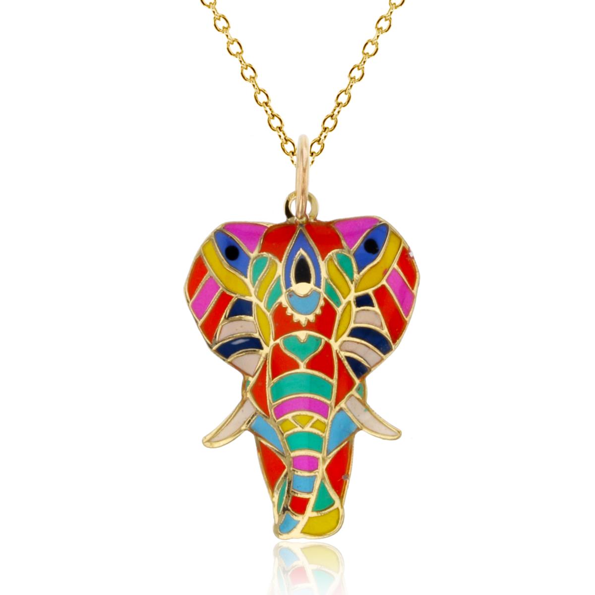 14K Yellow Gold Colorful Enamel 27x15mm Elephant Head 18" 020 Rolo Chain Necklace