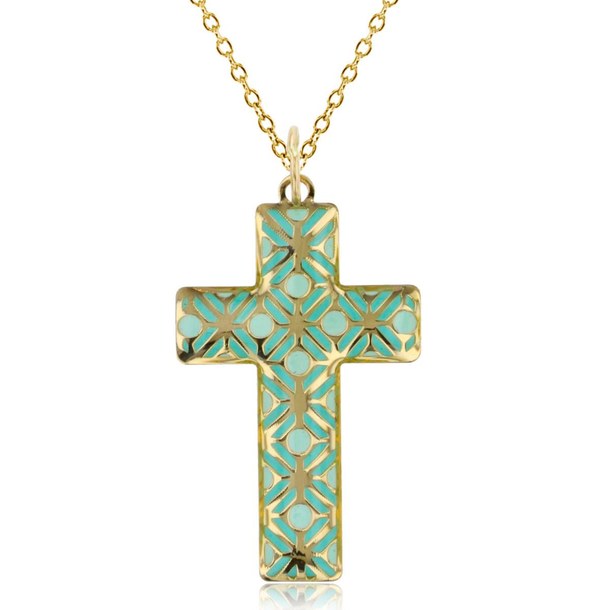 14K Yellow Gold Turquiose  34x18mm Enamel Cross 18" 020 Rolo Chain Necklace