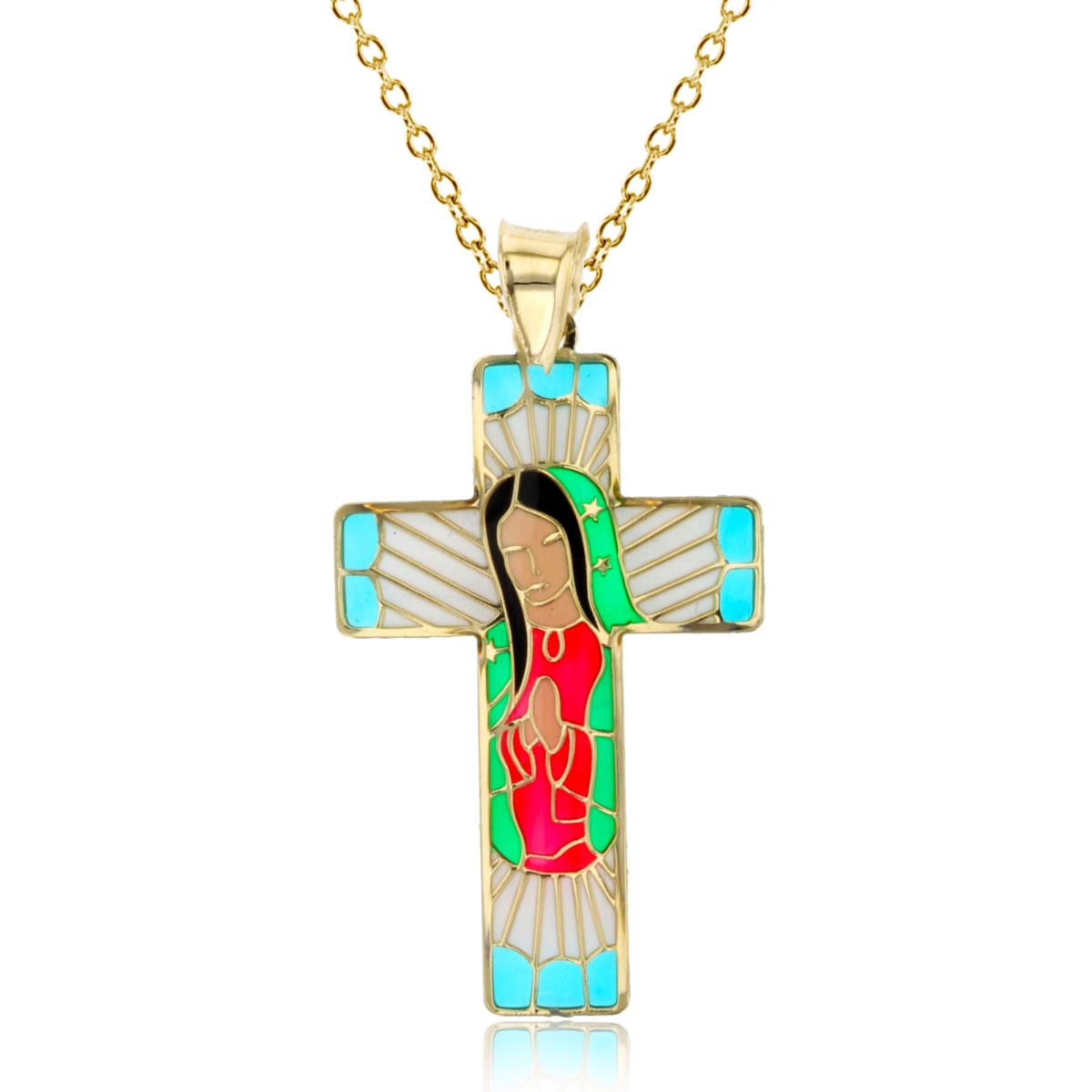 14K Yellow Gold Virgin Mary Cross 35x18mm Enamel 18" 020 Rolo Chain Necklace