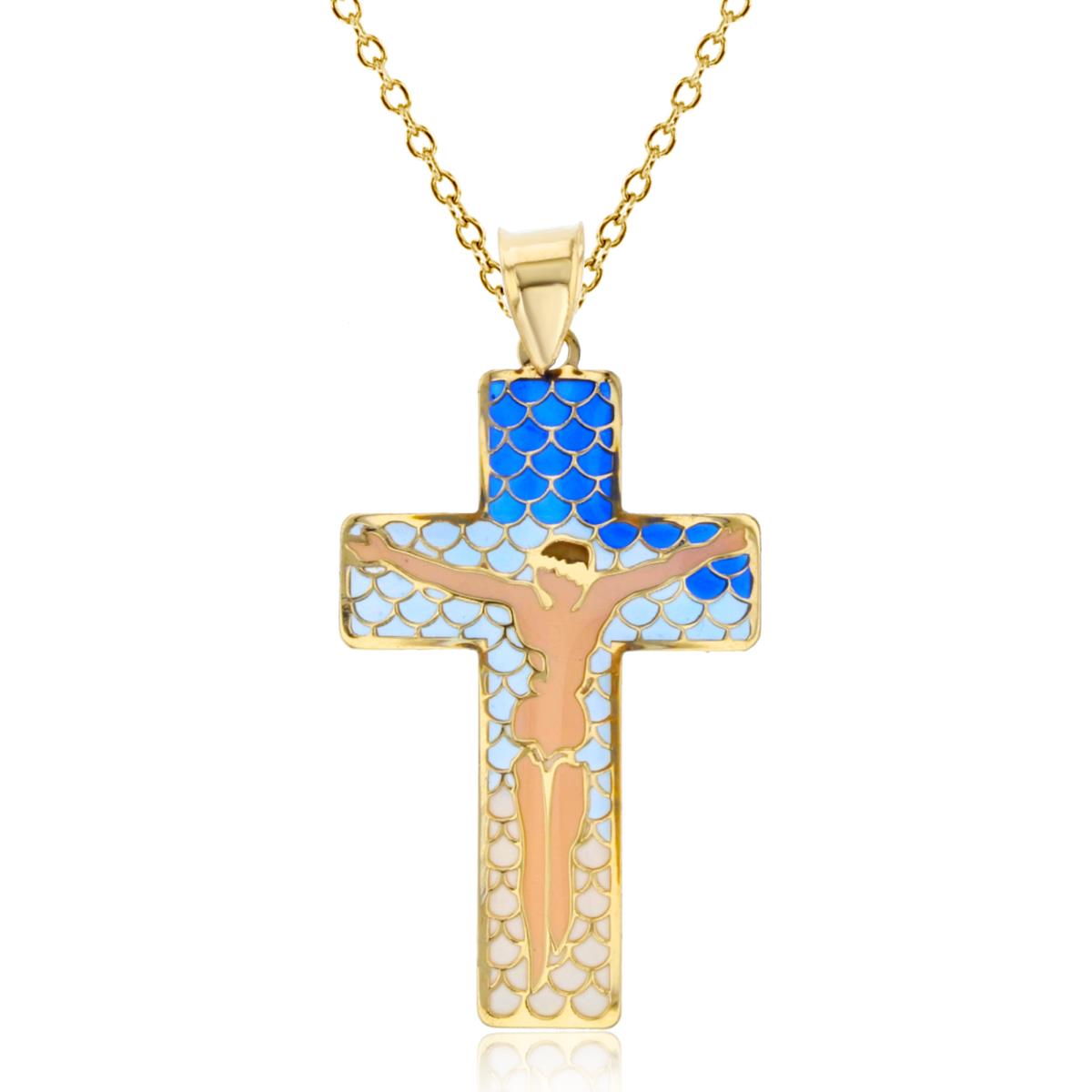 14K Yellow Gold Crucifix 35x18mm Cross Enamel 18" 020 Rolo Chain Necklace