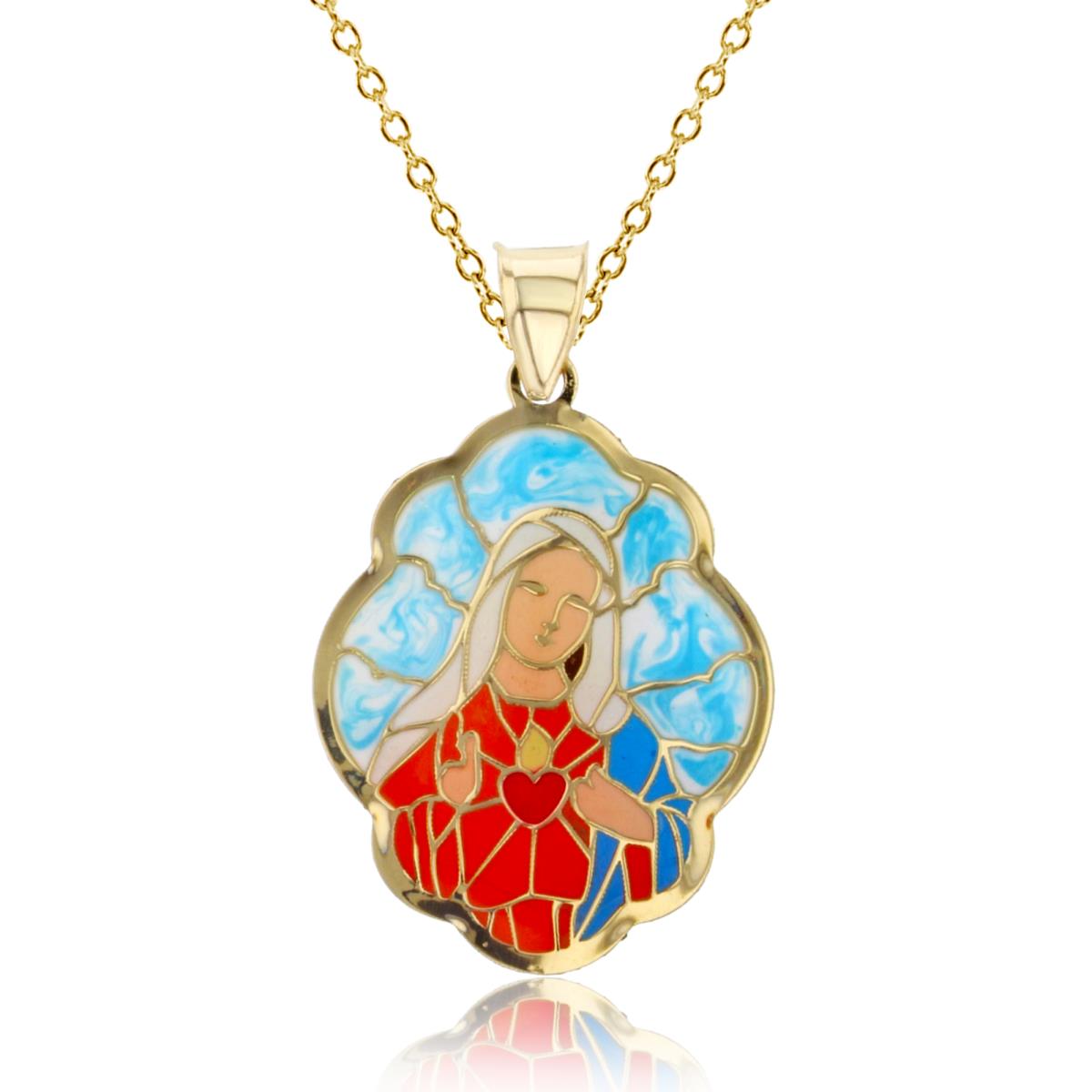 14K Yellow Gold Enamel 29x17mm  Virgin Mary 18" 020 Rolo Chain Necklace
