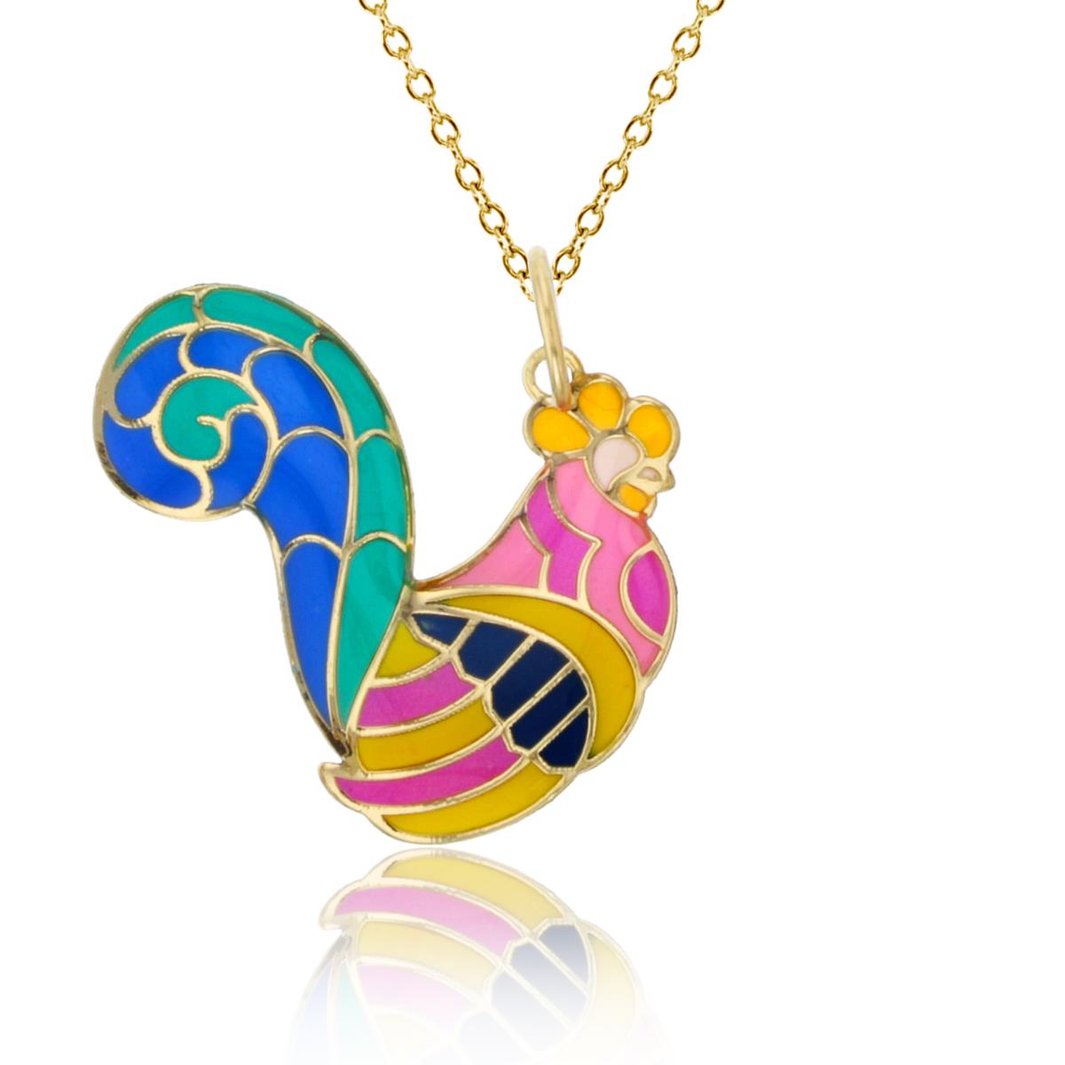 14K Yellow Gold Multi Color Enamel Rooster 18" 020 Rolo Chain 20x18mm Necklace
