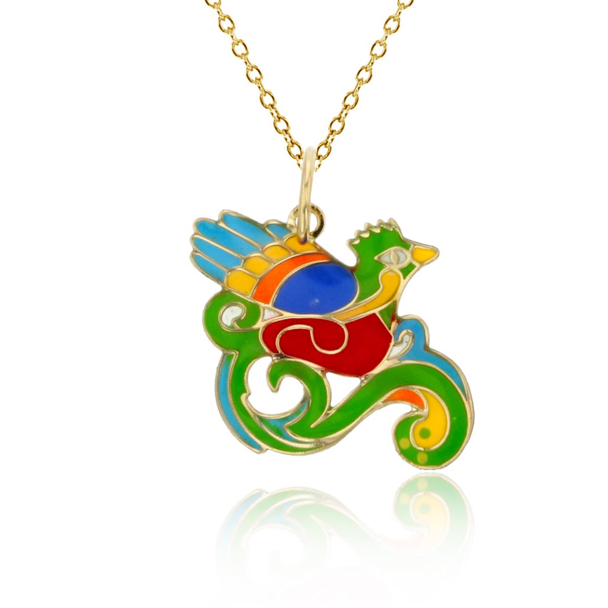 14K Yellow Gold Multi Color Enamel Bird 18" 020 Rolo Chain 20x15mm Necklace
