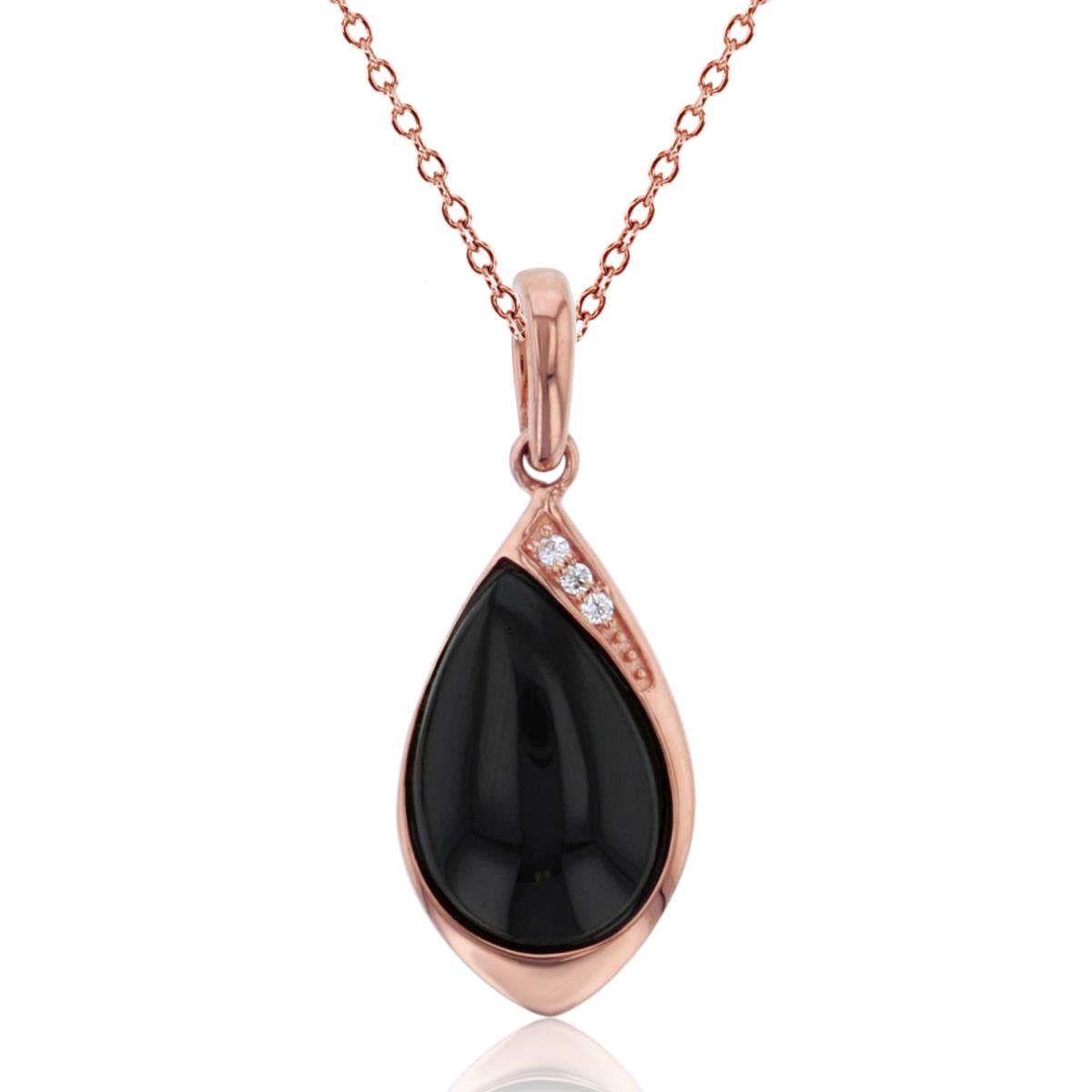 14K Rose Gold Rnd CZ & 12x8mm PS Inlay Onyx Drop 18"Necklace