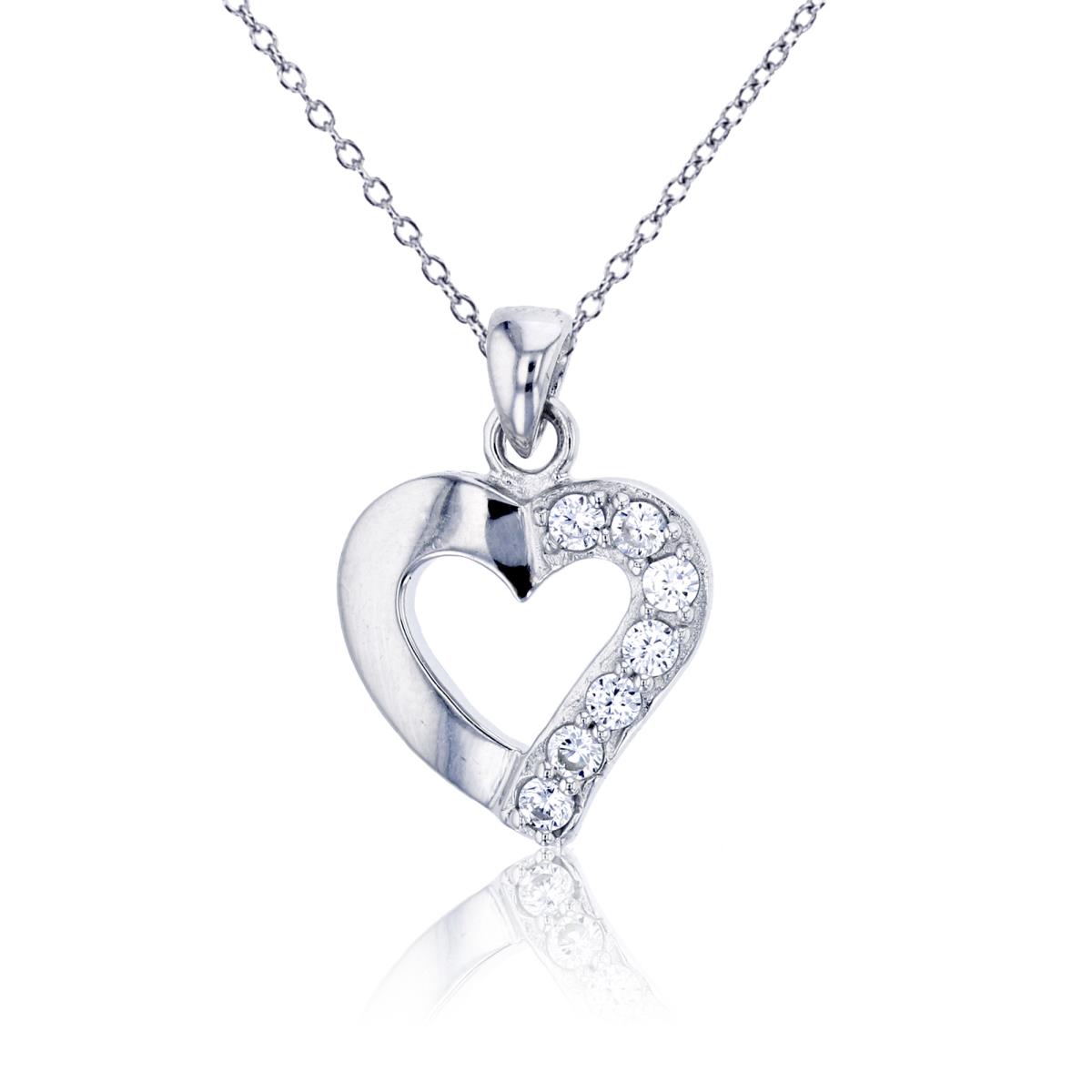 Sterling Silver Rhodium 22x15mm Half Polished and Half Pave Heart 18" Necklace
