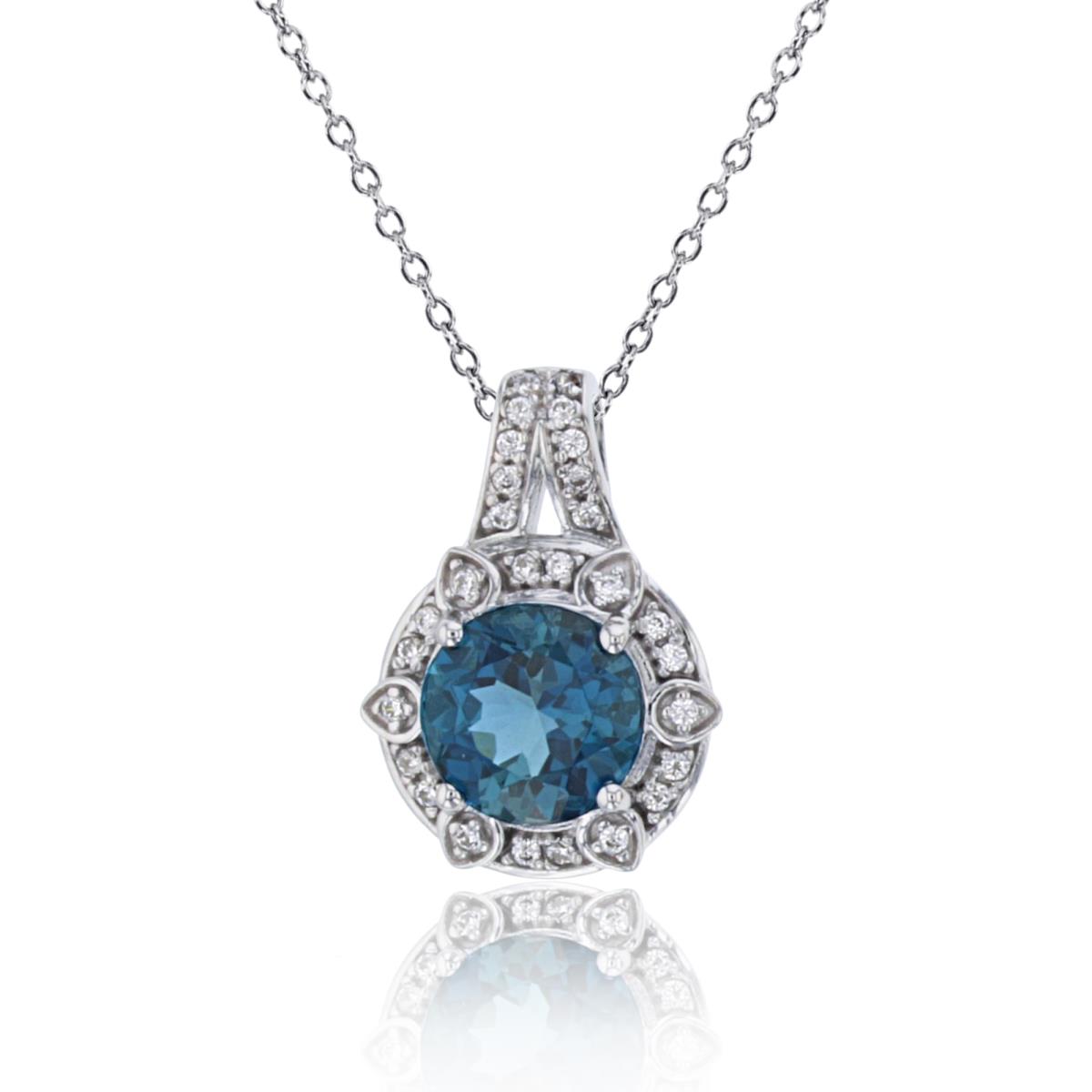 14K White Gold Rnd CZ & 7mm Rnd London Blue Topaz Cluster 18"Necklace
