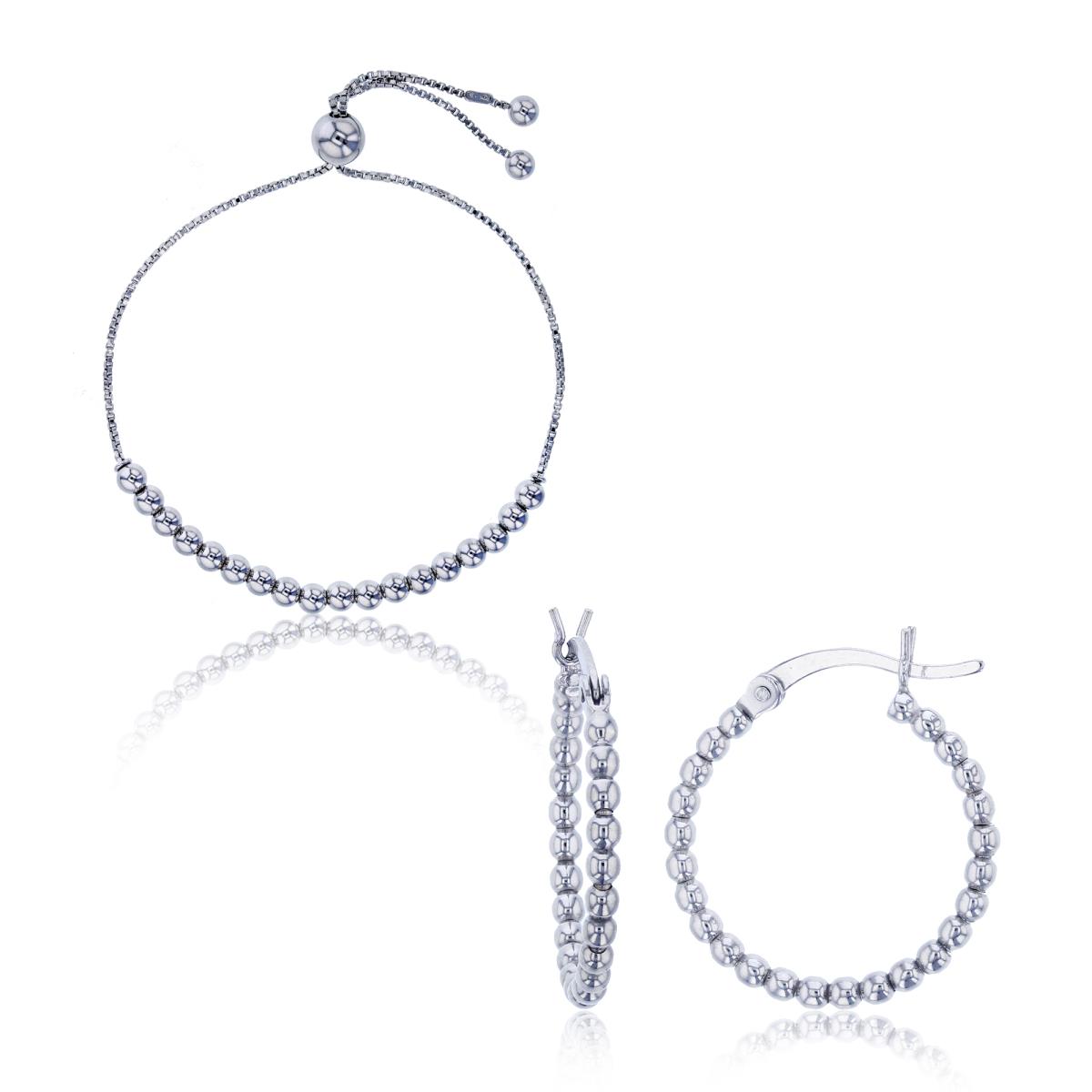 Sterling Silver Rhodium 5mm Adjustable Ball Bracelet & 2x20mm Beaded Hoop Earring Set