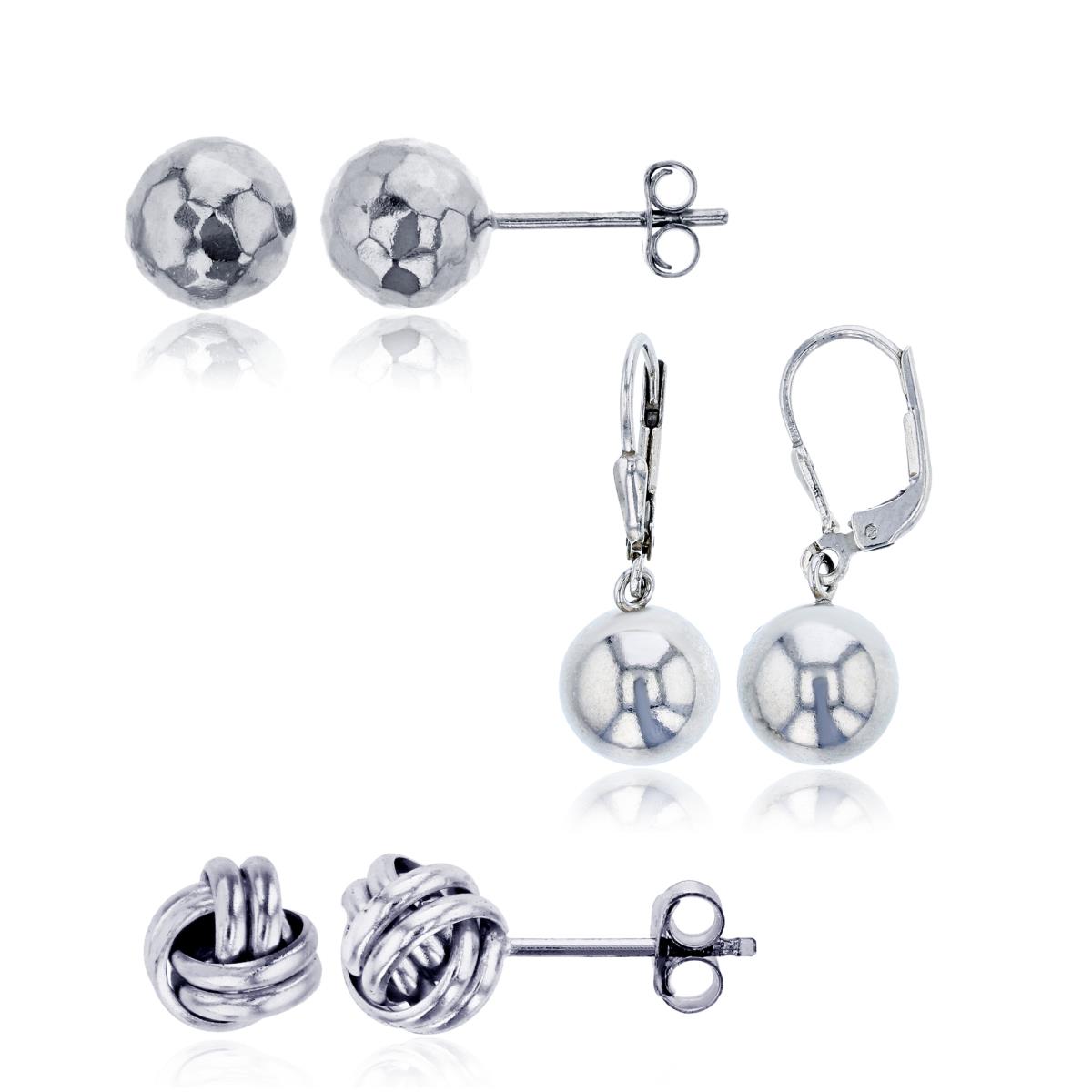 Sterling Silver Rhodium 8mm Disco Ball, 6mm Love Knot Stud & 8mm Dangling Bead Leverback Earrings Set