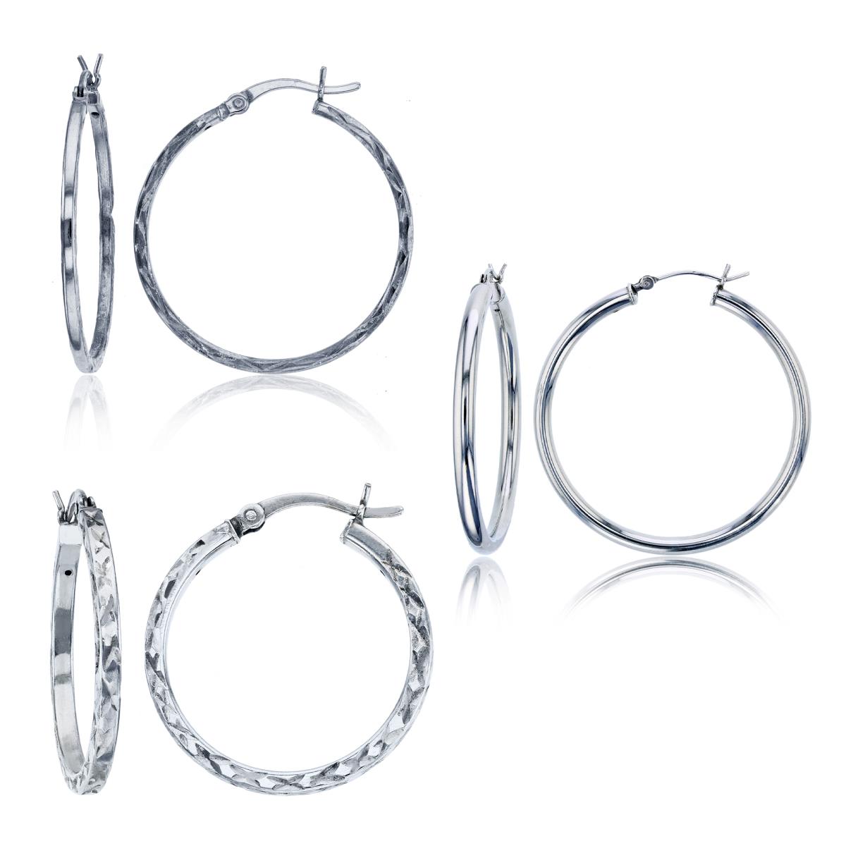 Sterling Silver Rhodium Polished 25x3mm & 25x2mm Diamond Cut Hoop Earring Set Of 3