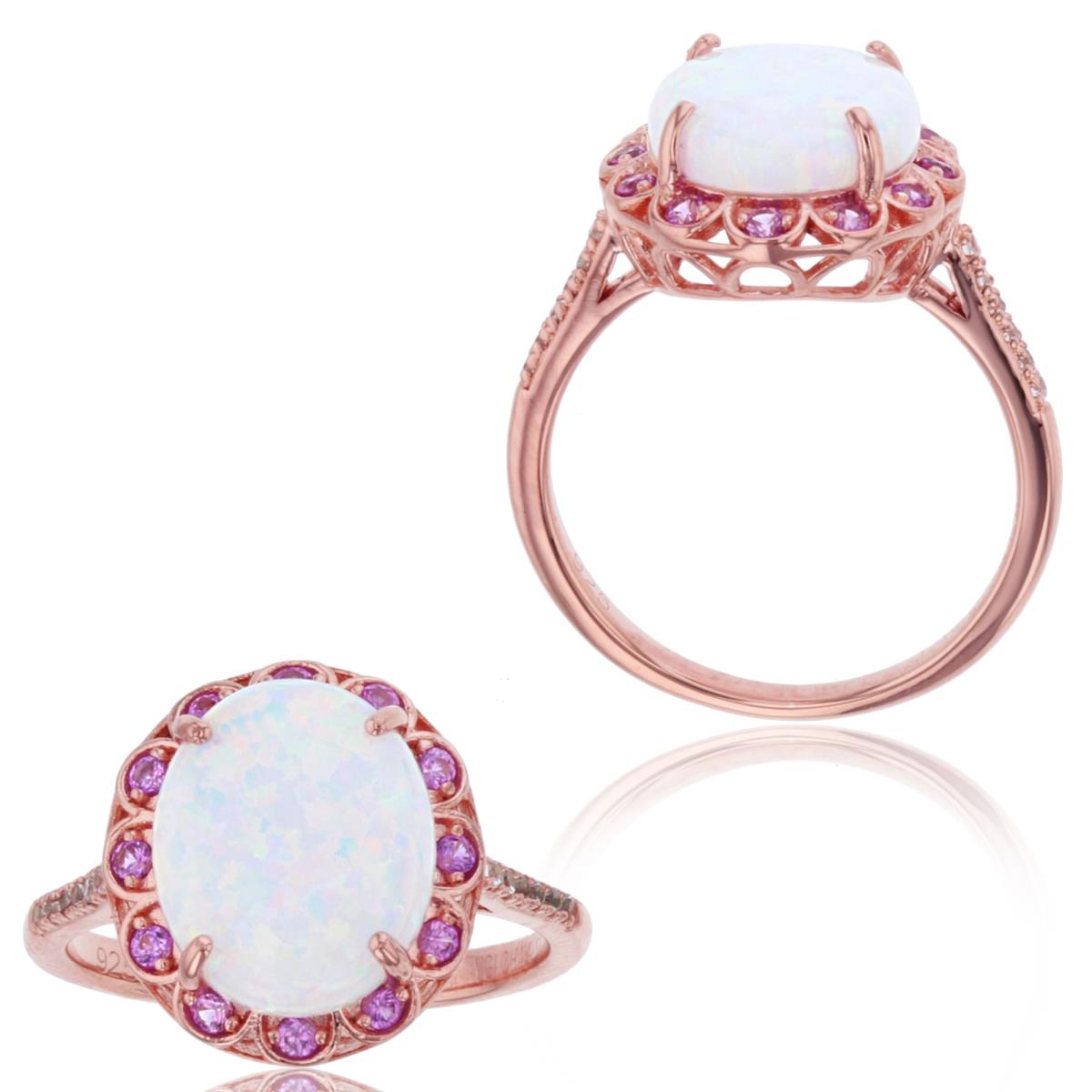 Sterling Silver+1Micron 14K Rose Gold 12x10mm Ov Created Opal & Cr.Pink /Cr.White Sapphire Oval Ring