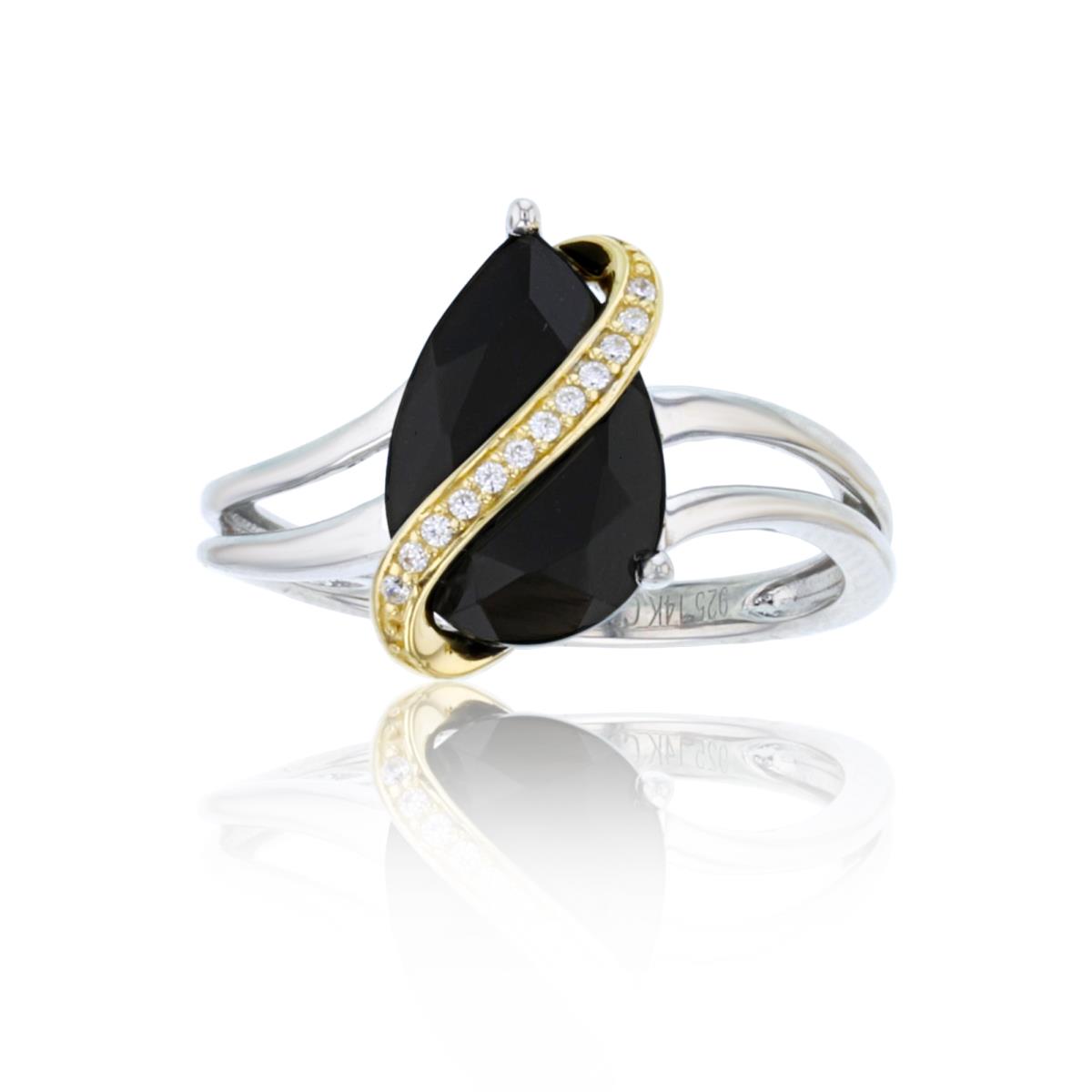 14K Yellow Gold & Sterling Silver Rhodium Rnd CZ Row Over 12x8mm PS Onyx Ring