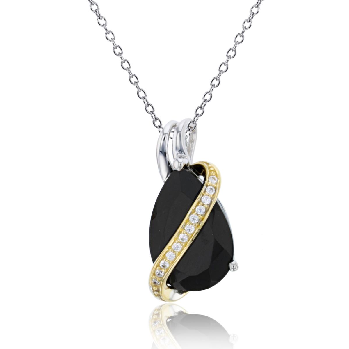 14K Yellow Gold & Sterling Silver Rnd CZ Row Over 12x8mm PS Onyx 18"Necklace