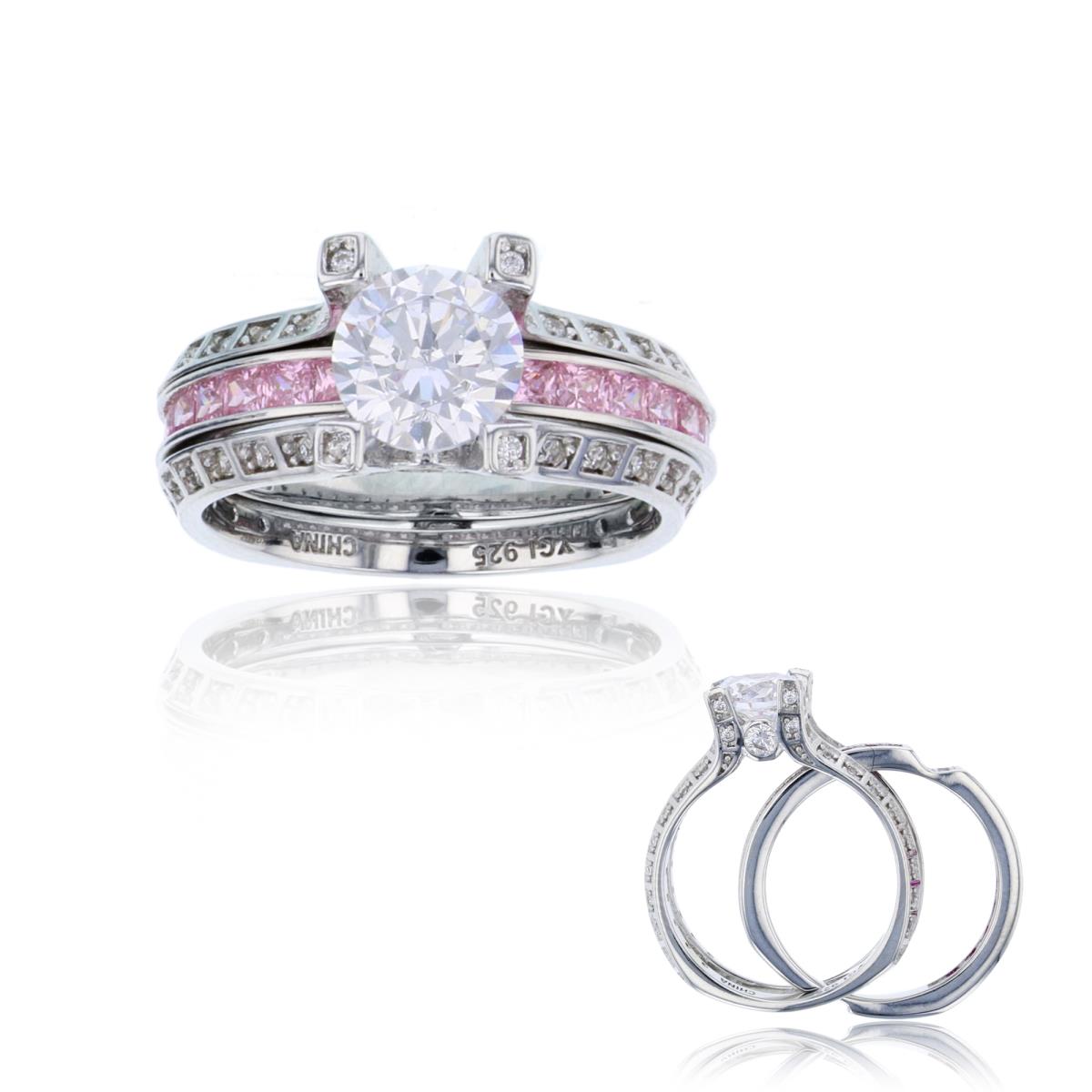 Sterling Silver Rhodium 7mm Rnd Center & Side White CZ & Princess Pink CZ Insert Middle Row Ring