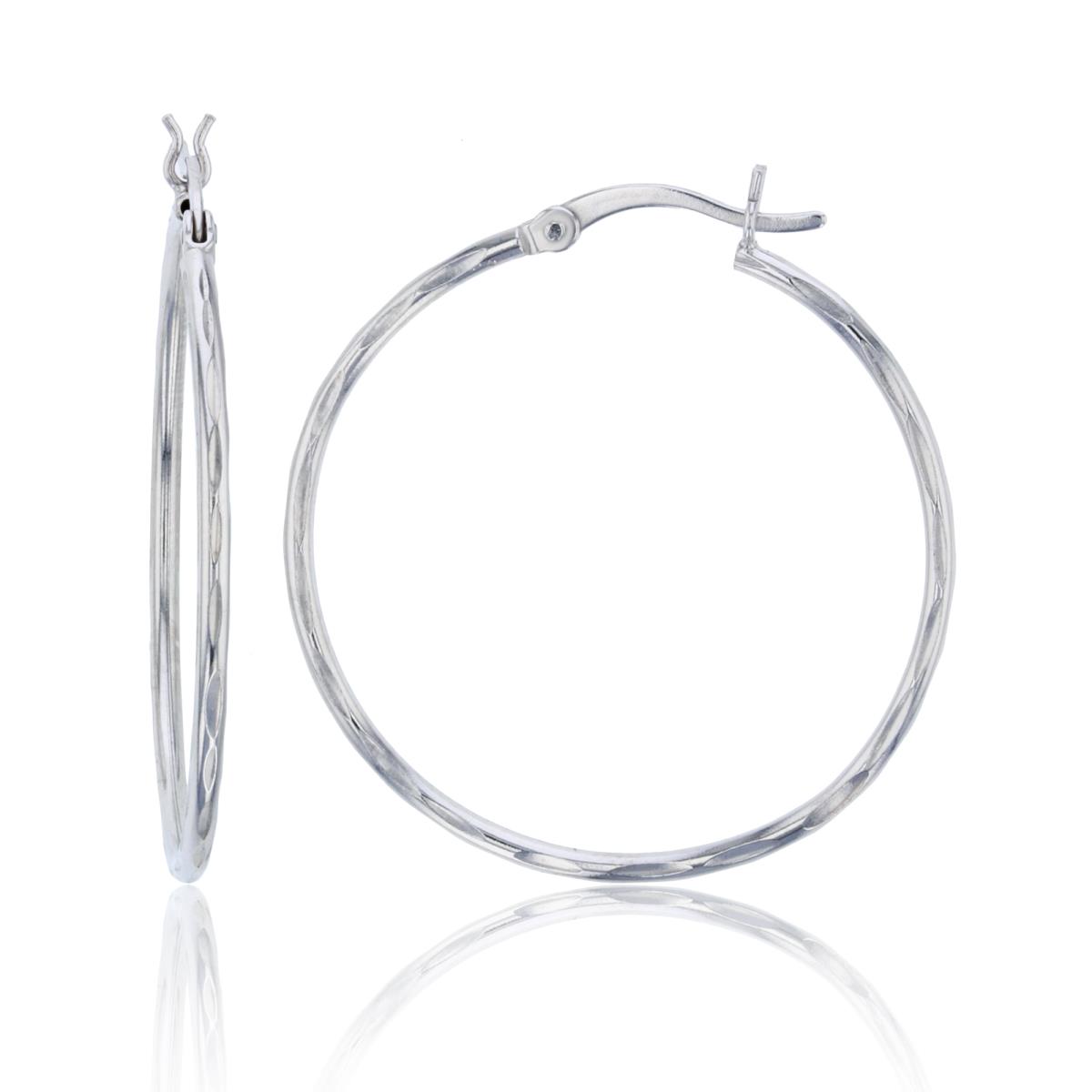 Sterling Silver Rhodium 32x1.50mm Diamond Cut Hoop Earring