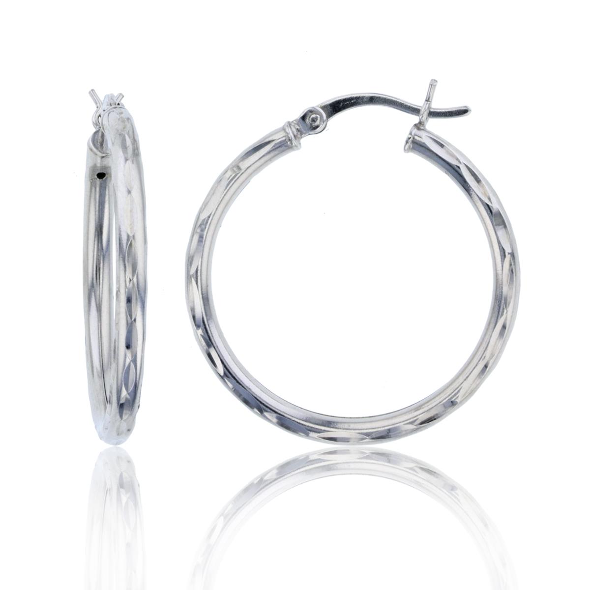 Sterling Silver Rhodium 28x2.50mm Diamond Cut Hoop Earring