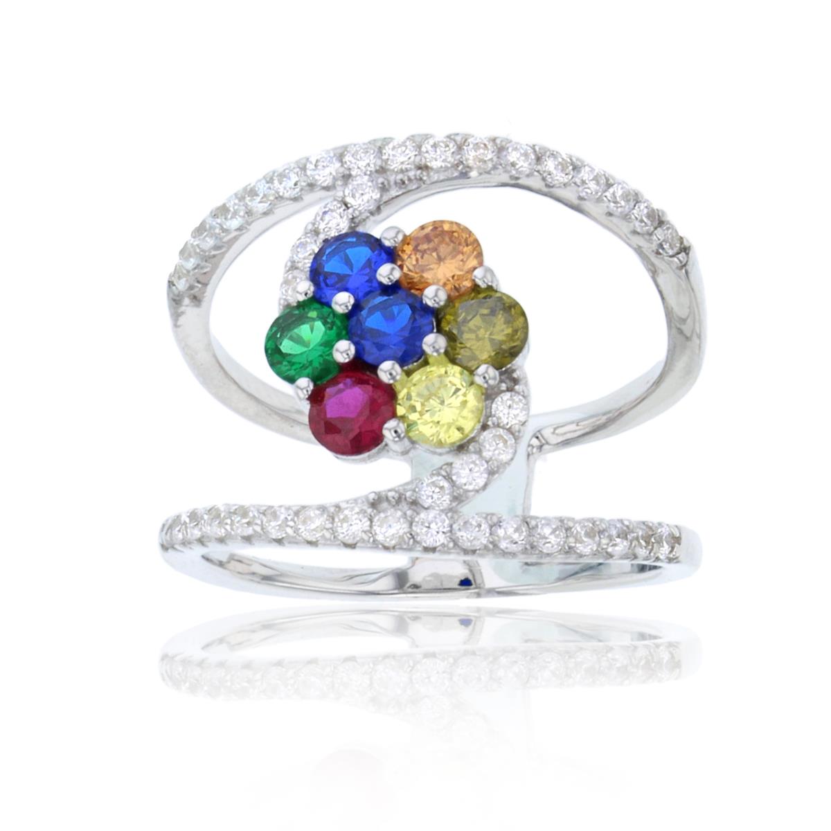 Sterling Silver Rhodium Rnd Multicolor CZ Flower & Rnd White CZ Open Rows Ring