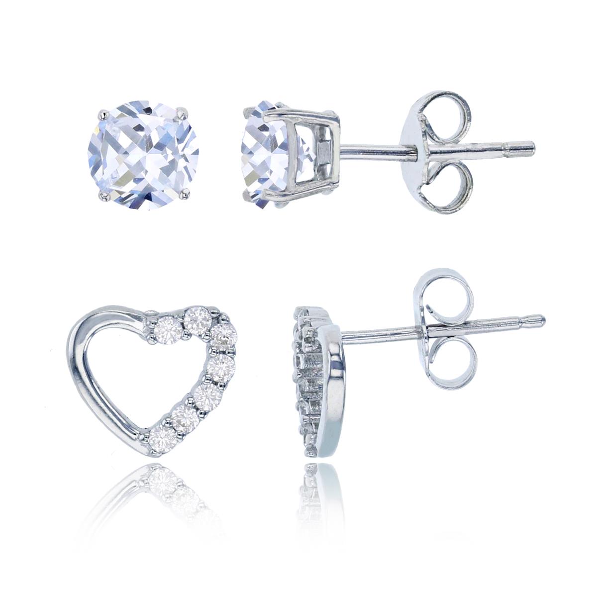 Sterling Silver Rhodium 8x9mm Half Micropave Heart & 4mm Round Solitaire Stud Earring Set