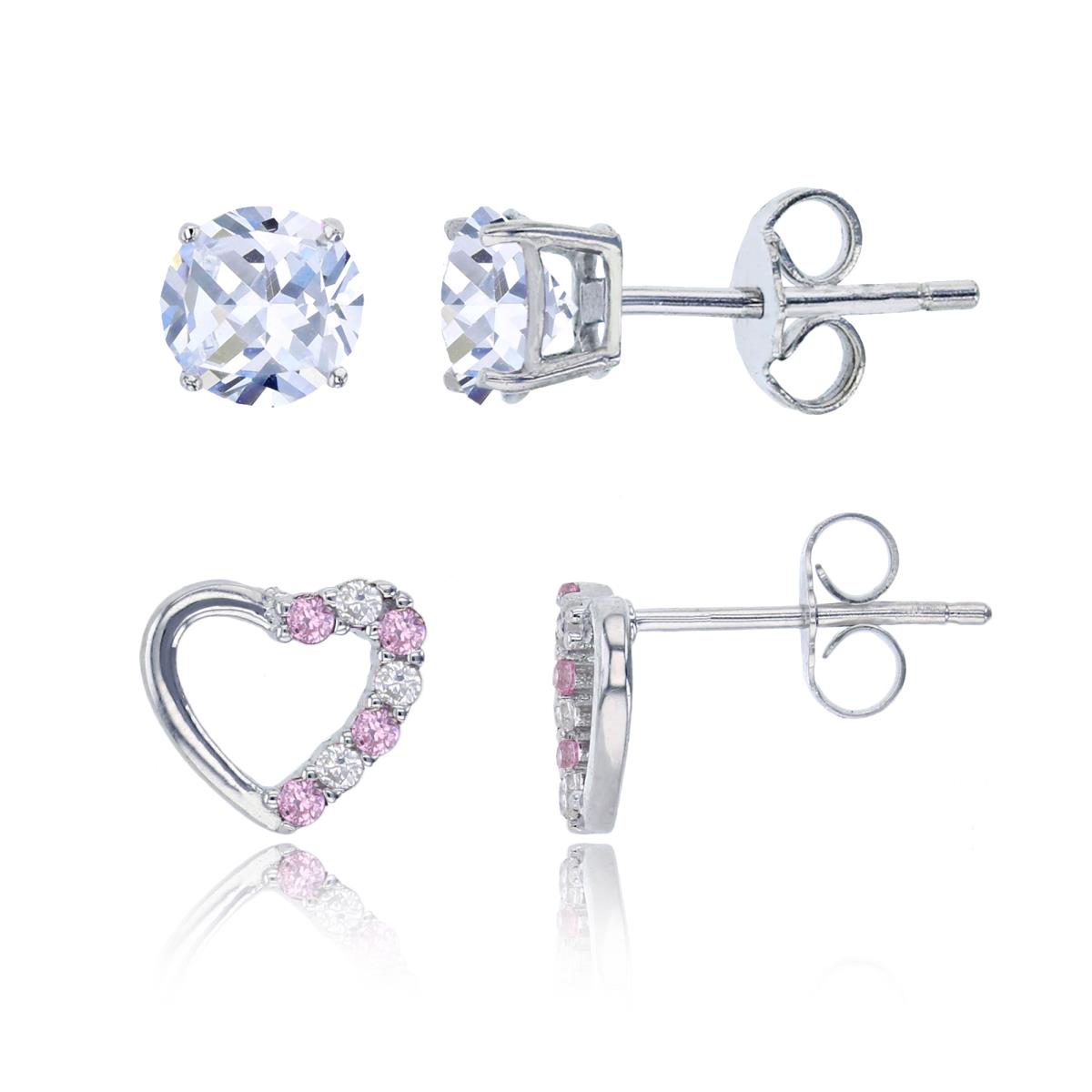 Sterling Silver Rhodium 8x9mm Half Pink/White Micropave Heart & 4mm Round Solitaire Stud Earring Set