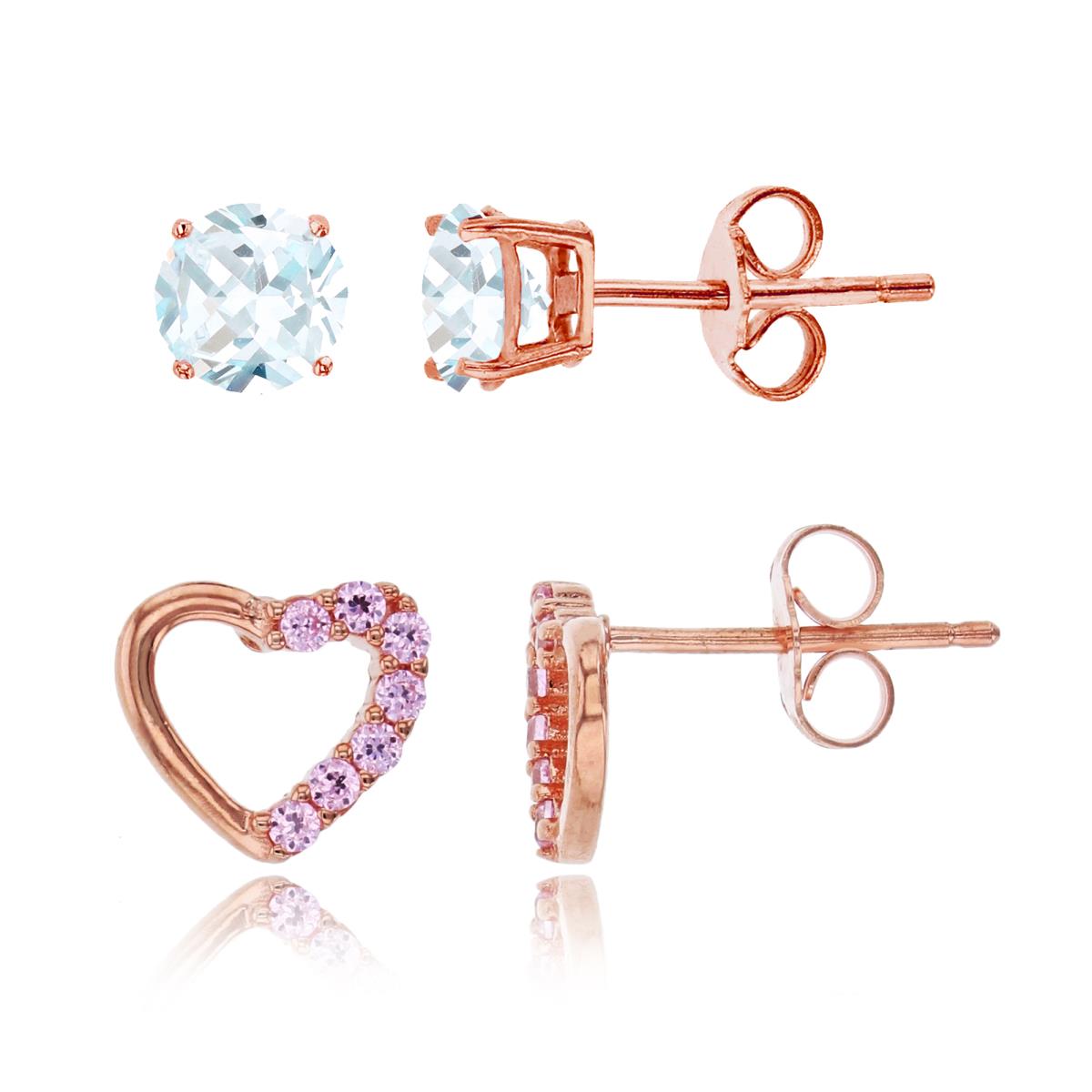 Sterling Silver Rose 8x9mm Half Pink Micropave Heart & 4mm Round Solitaire Stud Earring Set